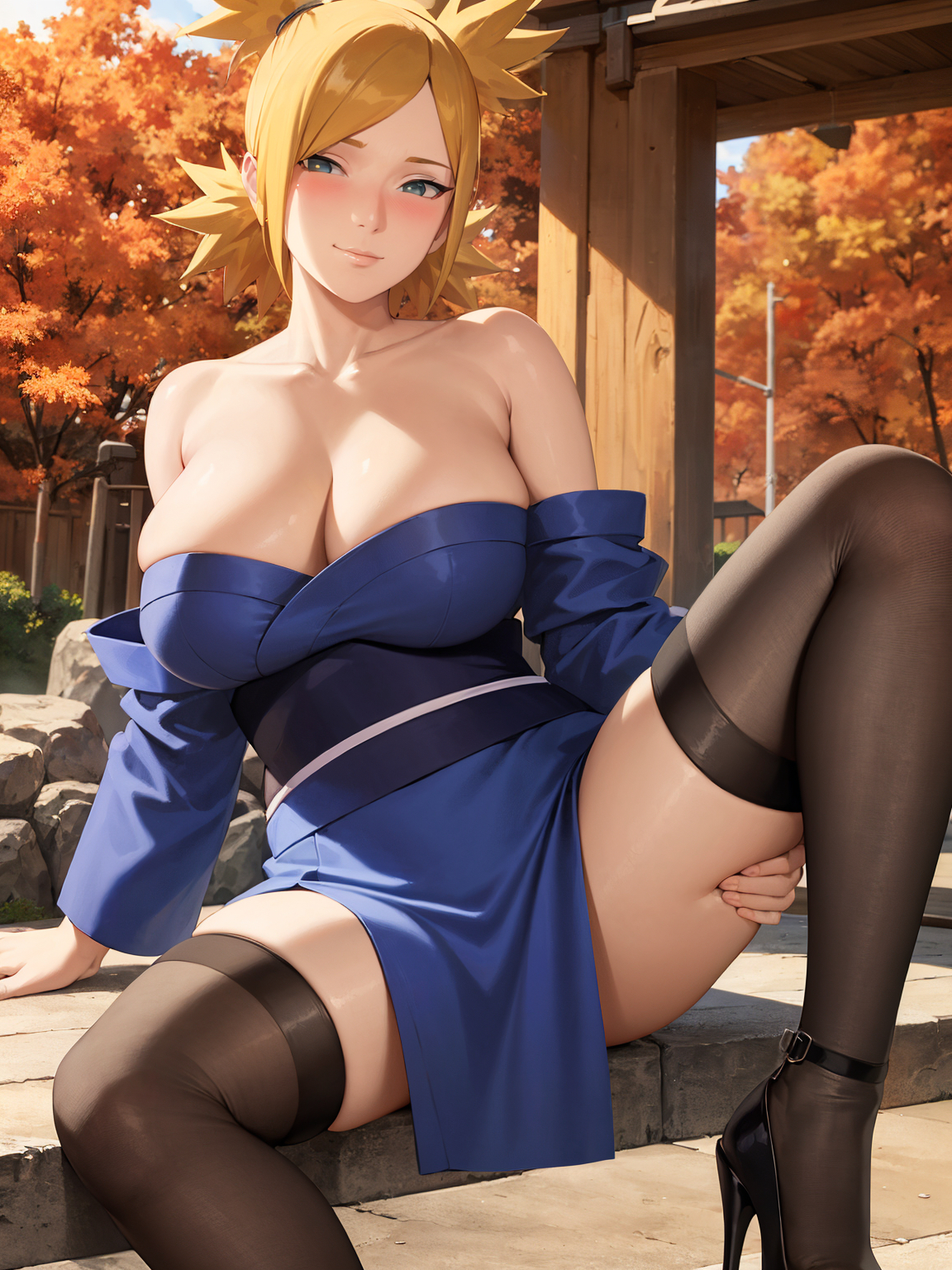1girls, accurate art style, ai generated, bare chest, bare shoulders, big breasts, bijin hahaoya, blonde hair, blush, boruto: naruto next generations, breast focus, breasts, facing viewer, female, female only, front view, heels, high heels, huge breasts, kimono, large breasts, light skin, light-skinned female, looking at viewer, mature, mature female, milf, nai diffusion, naruto, naruto (series), naughty, naughty face, naughty smile, no bra, no bra under clothes, open clothes, open kimono, paipan, pale skin, pale-skinned female, ponytail, quad tails, sitting, smile, solo, solo focus, spread legs, stable diffusion, stockings, teal eyes, temari, tied hair, twintails, yukata down