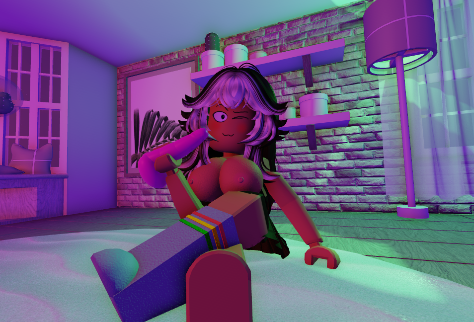 1girls 3d artist_request dildo_in_hand female looking_at_viewer one_sock one_sock_on request roblox roblox_avatar robloxian source_request tagme topless topless_female