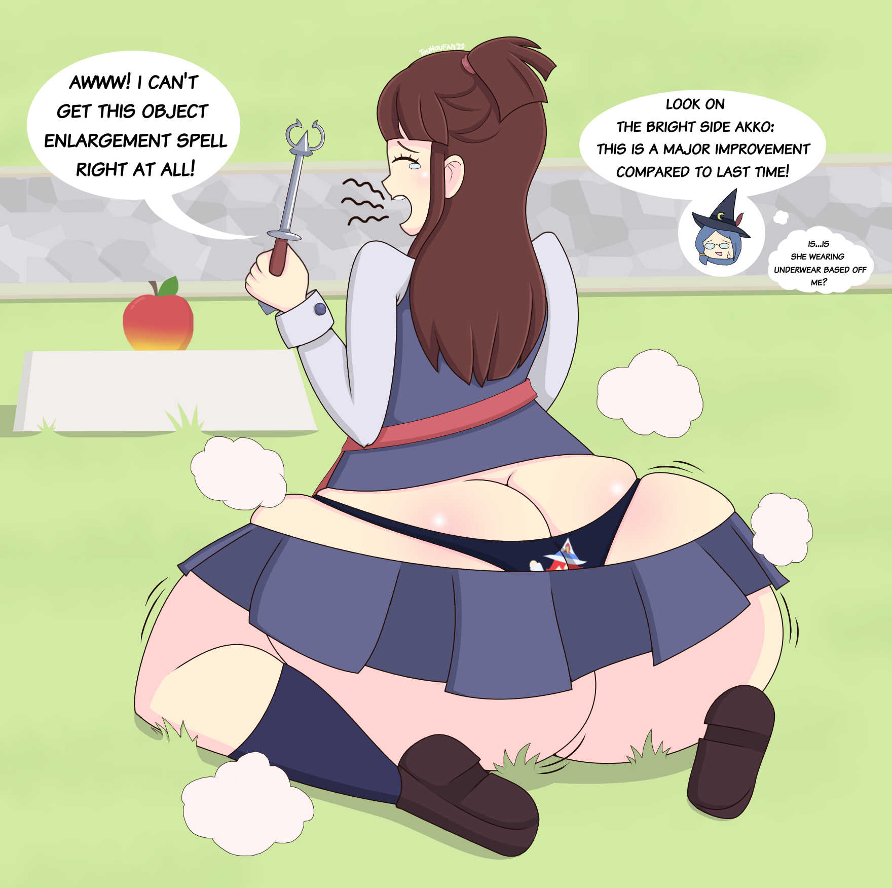 2girls, ass, ass cleavage, ass crack, ass expansion, atsuko kagari, big ass, bottom heavy, butt crack, fat ass, female, huge ass, large ass, light skin, light-skinned female, little witch academia, massive ass, pale skin, pale-skinned female, panties, shoes, speech bubble, stockings, studio trigger, text, thick ass, touhoufan