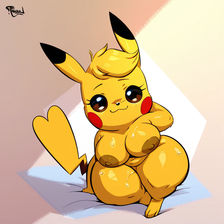 ai_generated anthro anthrofied areola bed big_breasts bodily_fluids breasts cleft_tail female fur furniture generation_1_pokemon hellsonger hi_res kanna_(joaoppereiraus) looking_at_viewer mammal nintendo nipples nude pikachu pokemon pokemon_(species) pokemorph rodent short_stack smile solo thick_thighs wide_hips yellow_body yellow_fur