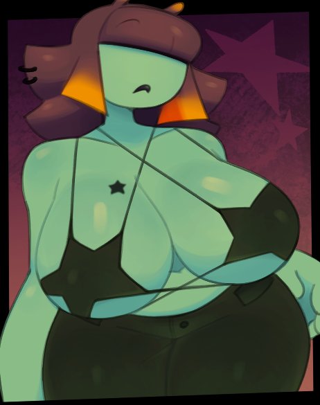 2023 bare_shoulders big_breasts bikini black_hair black_lipstick blue_body blunt_bangs breasts female hair_over_eyes huge_breasts non-human original original_character pants readraws reahmi rekkadraws sevin solo star_(symbol) tattoo thick