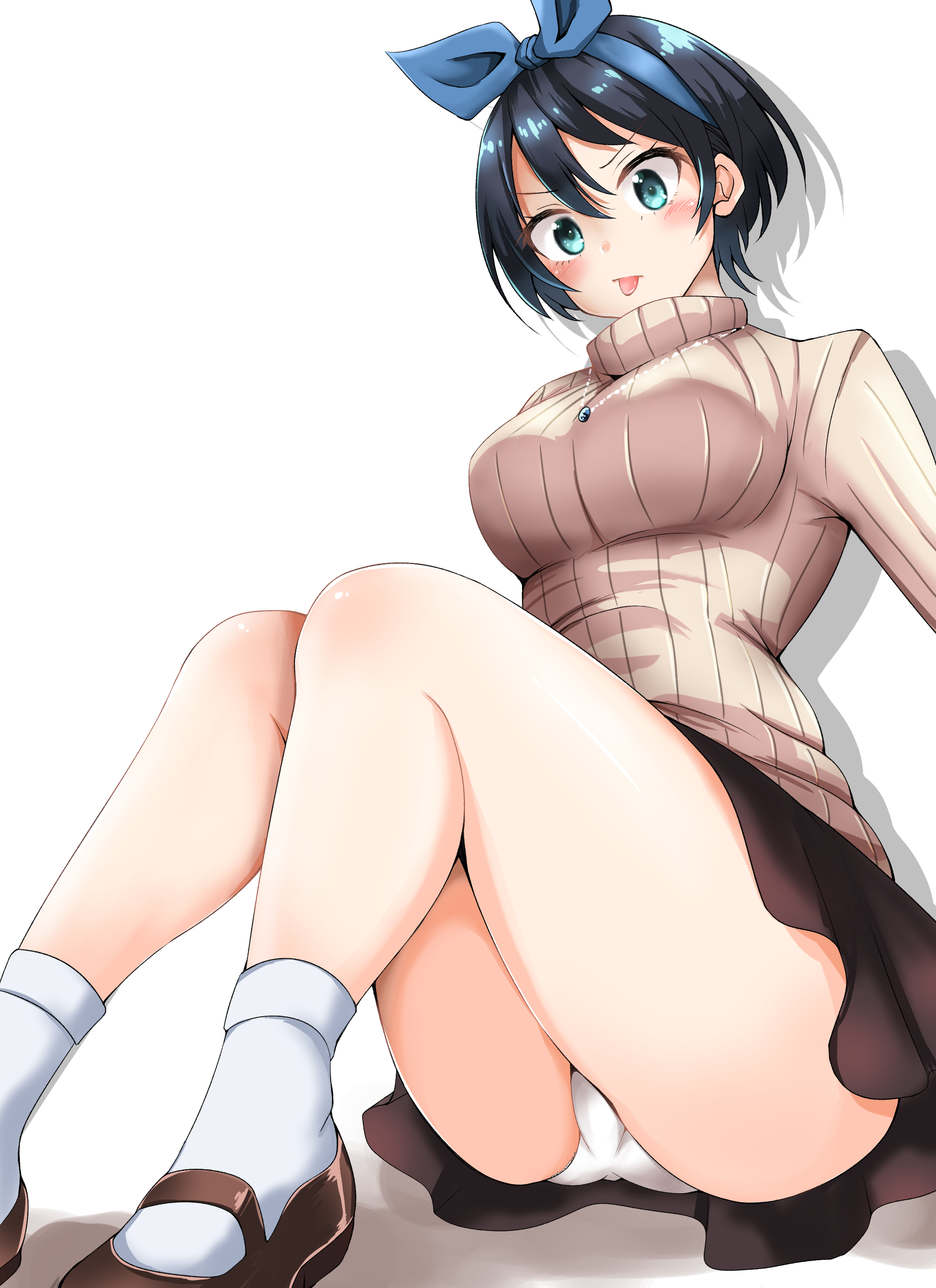 big breasts, breasts, clothed female, female, female focus, female only, flats, high heels, kanojo okarishimasu, mary janes, pantyshot, pantyshot (sitting), sarashina ruka, short hair, solo, solo female, solo focus