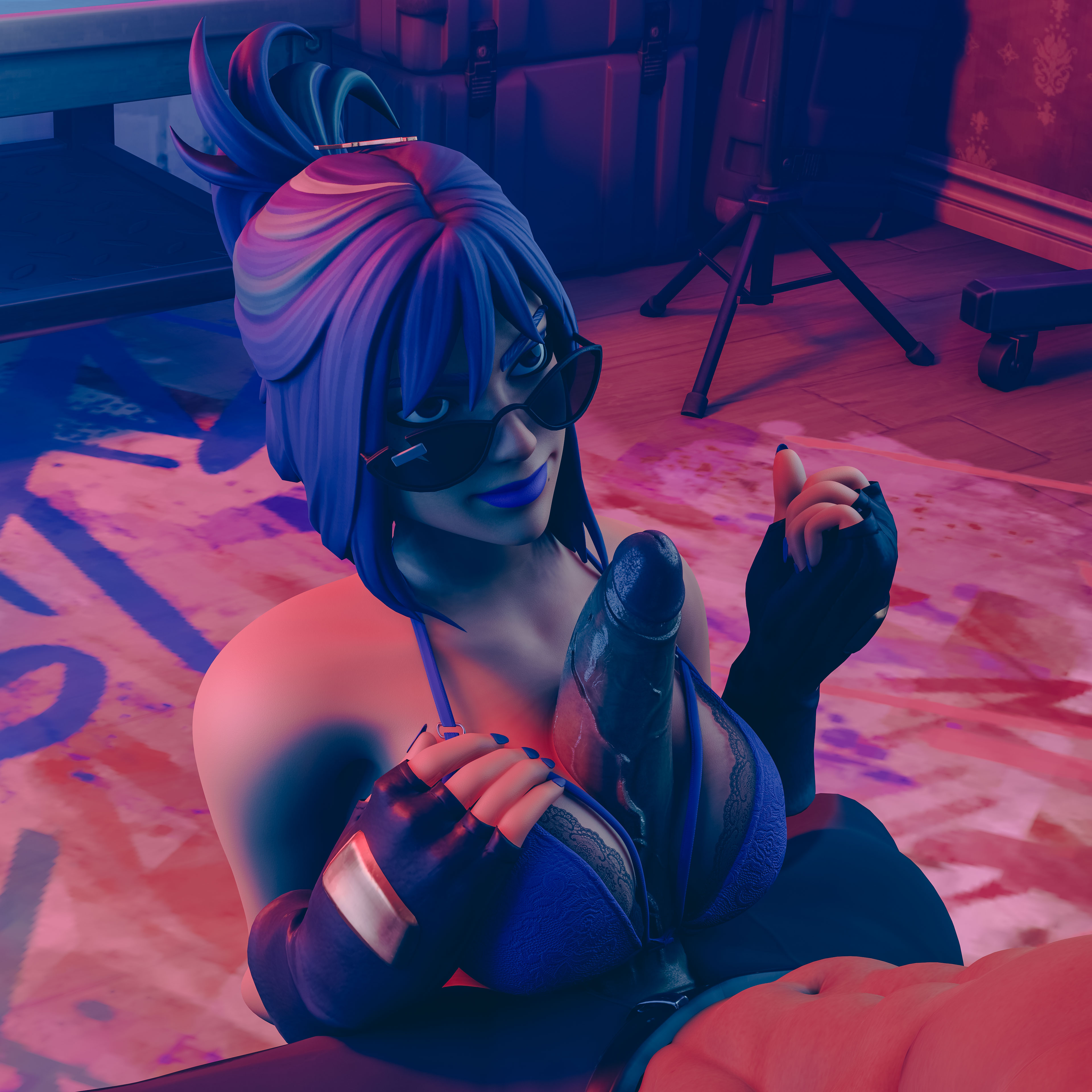 1boy, 1girls, 3d, 3d (artwork), big breasts, big penis, breasts, female, fortnite, hope (fortnite), lingerie bra, looking over eyewear, looking over glasses, looking over sunglasses, macklesternsfw, male, montague (fortnite), paizuri, penis, penis between breasts, sunglasses, tinted eyewear, titfuck, titjob