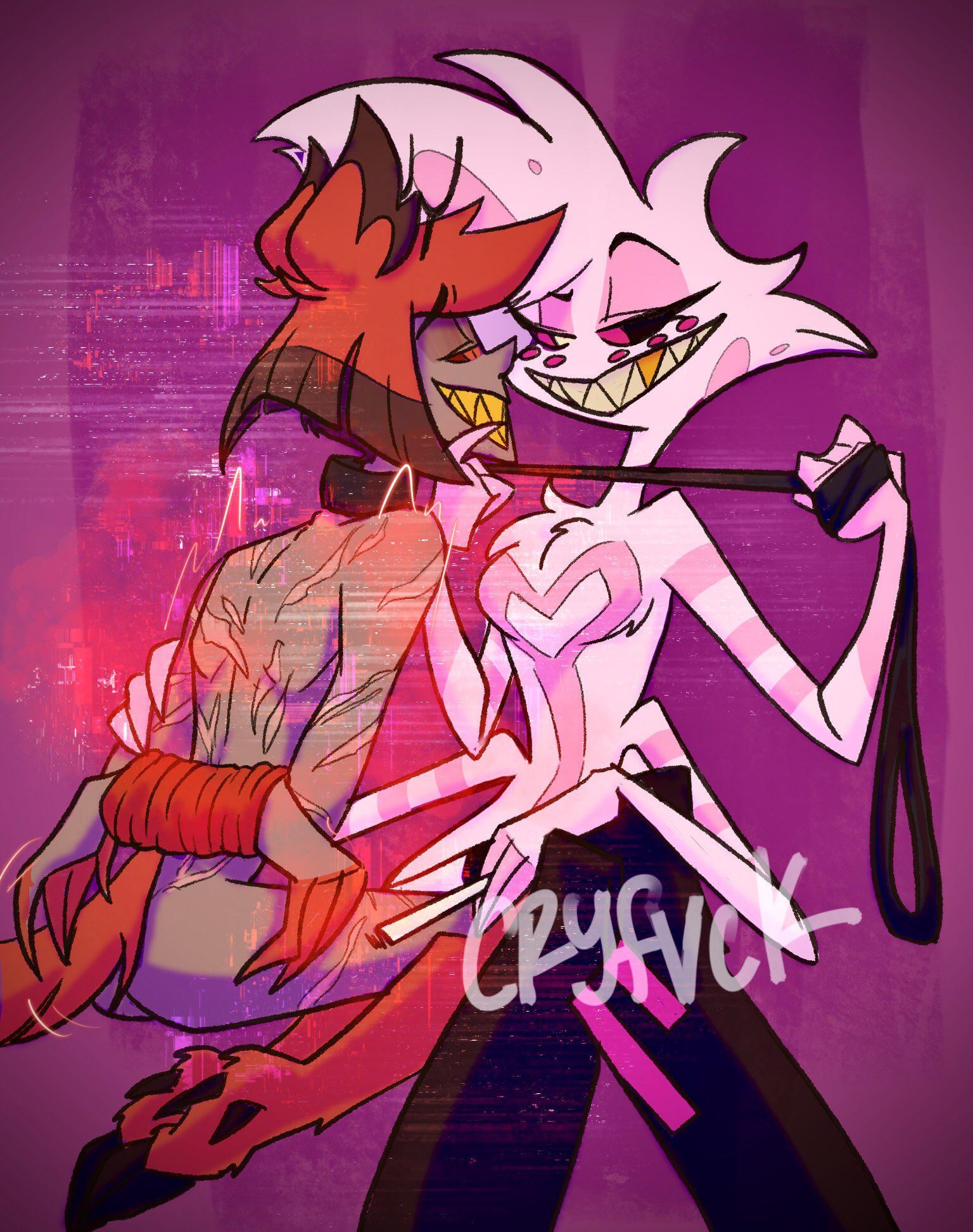 alastor (hazbin hotel), angel dust (hazbin hotel), bondage, choker, cryfvck, gay, hazbin hotel, male, male only, only one naked