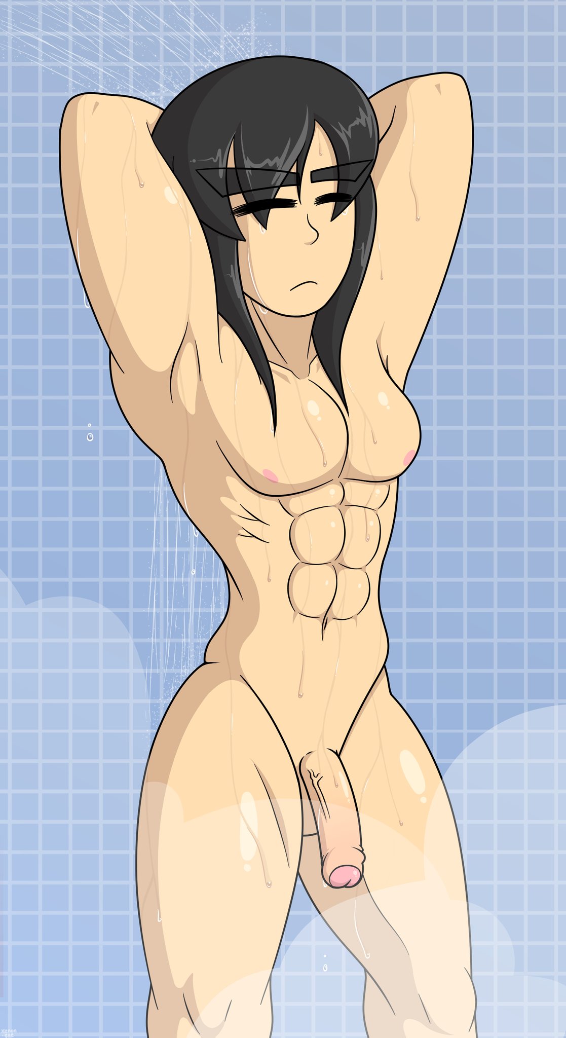 androgynous feminine long_hair male male_only mii_brawler naked shower super_smash_bros. tagme xenondotexe_(artist)