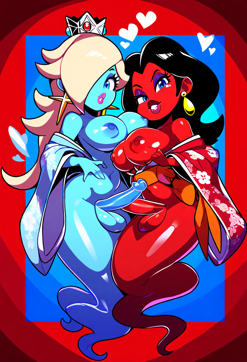 2futas 2girls ai_generated ai_hands black_hair blonde_hair blue_body blue_eyes blue_skin breasts brown_hair docking erection flirting flirting_with_viewer floating full_body futa_on_female futa_only futanari ghost ghost_girl ghost_hands ghost_nipples ghost_penis ghost_tail hair_over_one_eye heart kimono long_hair looking_at_viewer mario_(series) multiple_futa nipples novelai pauline penis penises_touching princess_rosalina red_body red_skin simple_background spirit testicles wisp