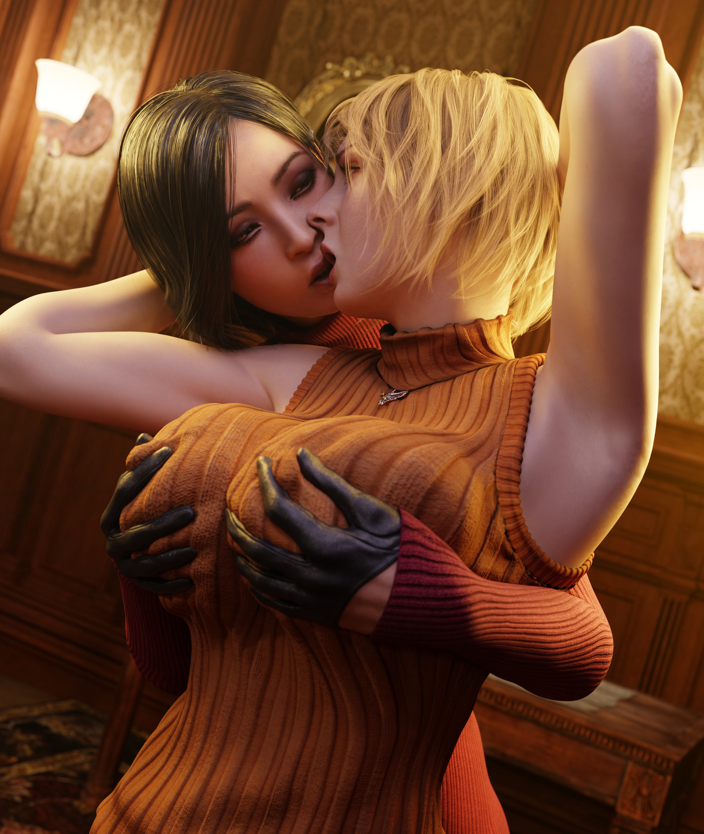 2girls, 3d, ada wong, ada wong (adriana), armpits, arms up, ashley graham, ashley graham (ella freya), batesz, black gloves, black hair, blonde hair, breast grab, breasts, capcom, female, gloves, grope, groping, hi res, huge breasts, kissing, leather gloves, light skin, light-skinned female, naughty face, nipple pinch, resident evil, resident evil 4, resident evil 4 remake, short hair, yuri