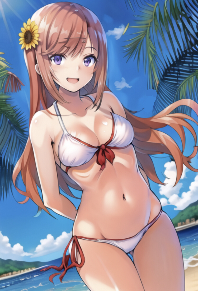 1girls ai_generated arms_behind_back ashaina_nazuna beach_background belly_button busty_female classroom_of_the_elite female female_focus female_only flower_in_hair long_hair looking_at_viewer ocean open_mouth orange_hair posing_for_the_viewer pov_eye_contact purple_eyes schoolgirl solo_female solo_focus stomach white_bikini white_bikini_bottom white_bikini_top wsax