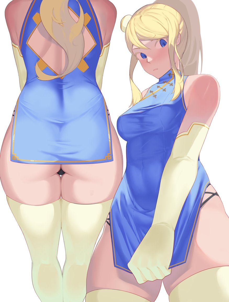 1girls ashamed ass big_ass blonde_hair blue_eyes blush breasts female gloves legwear long_hair metroid nintendo pale-skinned_female pale_skin samus_aran shy suwaiya thick_ass thick_thighs thighhighs thighs tight_clothing white_background white_legwear