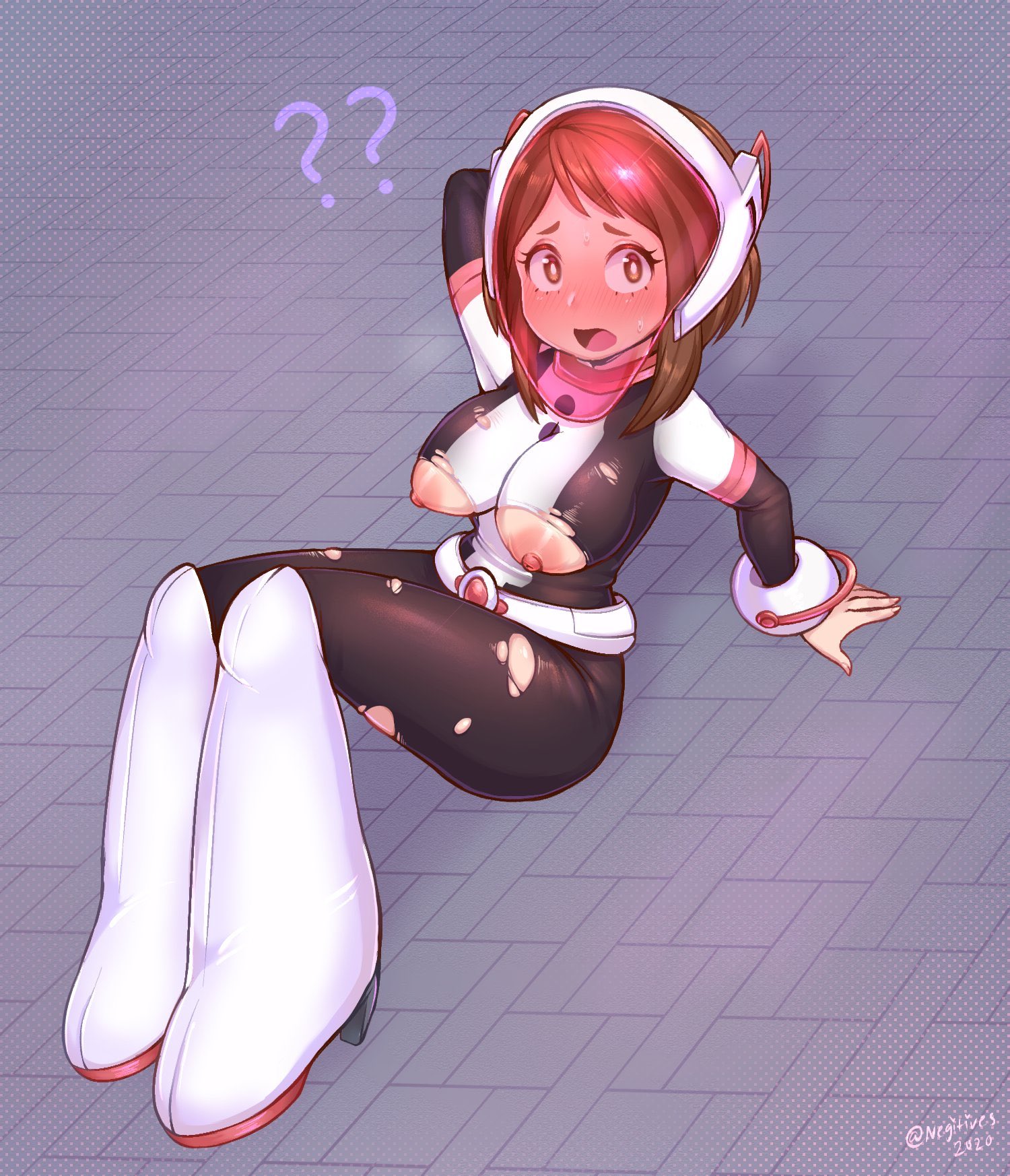 1girls, areolae, belt, big breasts, blush, blushing, bodysuit, boots, breasts, breasts out, brown hair, brown-haired female, busty, erect nipples, female, female focus, female human, female only, full body, helmet, hero outfit (mha), hourglass figure, human, light skin, light-skinned female, long hair, lying, lying down, lying on back, my hero academia, negitivess, nipples, ochako uraraka, ochako uraraka (hero outfit), pinup, pose, posing, puffy nipples, ripped bodysuit, skin tight, solo, superhero costume, superheroine, torn bodysuit, wide hips