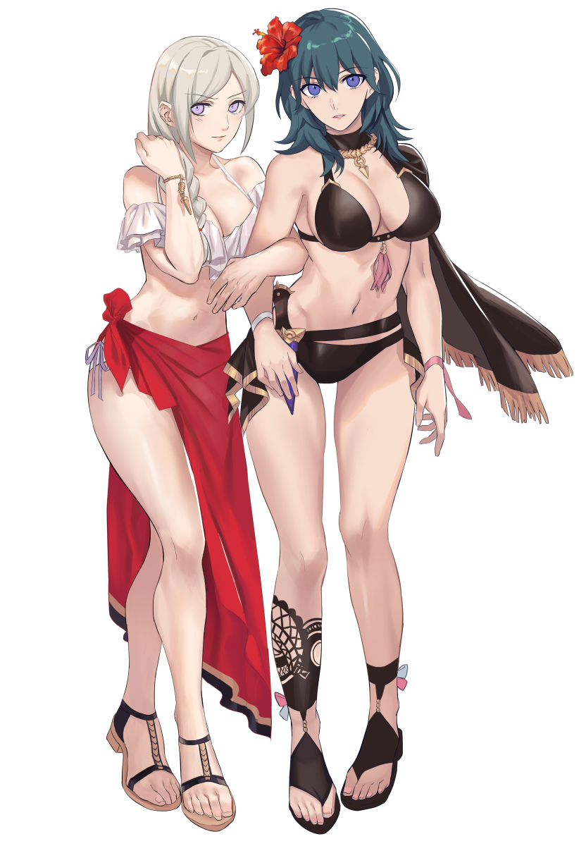 2girls, aizumi240326, bare legs, bikini, black bikini, black footwear, black swimsuit, blue eyes, braid, braided ponytail, breasts, byleth (fire emblem), byleth (fire emblem) (female), byleth (summer) (fire emblem) (female), cape, cleavage, edelgard von hresvelg, feet, female, female only, female protagonist, fire emblem, fire emblem heroes, fire emblem: three houses, flower, flower in hair, knife, large breasts, medium hair, midriff, nintendo, ponytail, purple eyes, red flower, sandals, side ponytail, swimsuit, teal hair, white hair