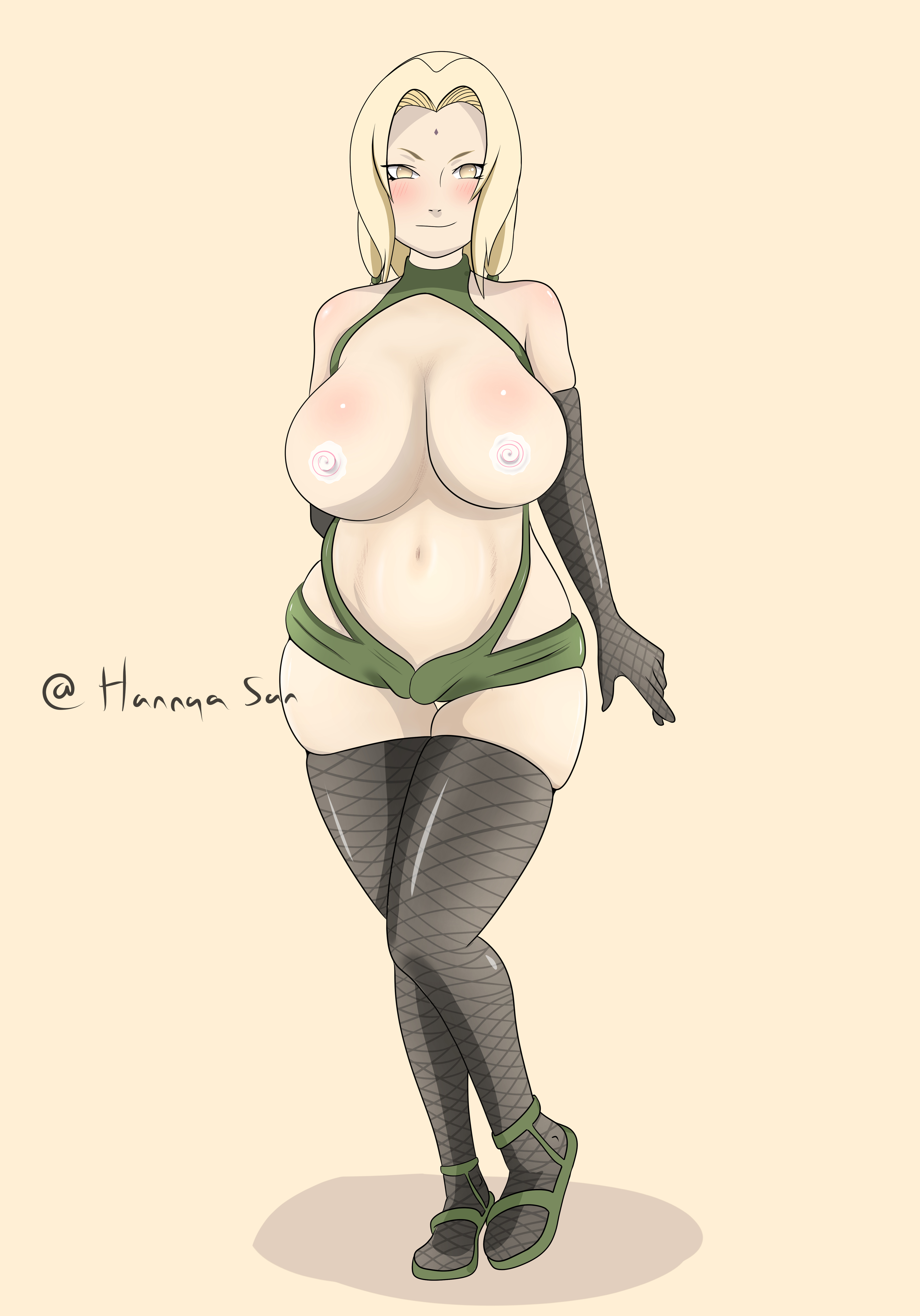 1girls, alternate costume, arm gloves, big breasts, blonde hair, blush, breasts, brown eyes, cameltoe, clothed female, facial mark, female, female only, fishnets, forehead mark, hannya san, leotard, leotard aside, naruto, naruto (series), naruto shippuden, open clothes, pasties, pussy, sandals, smile, solo, stockings, thick thighs, tsunade, wide hips