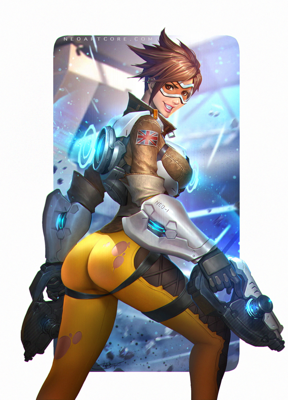 1girls, ass, blizzard entertainment, bodysuit, breasts, brown eyes, brown hair, chronal accelerator, female, female only, goggles, looking at viewer, looking back, neoartcore, orange-tinted eyewear, overwatch, ripped clothing, ripped pants, short hair, skin tight, smile, solo, teeth, tight clothing, tight pants, tinted eyewear, torn bodysuit, torn clothing, tracer, union jack, visor