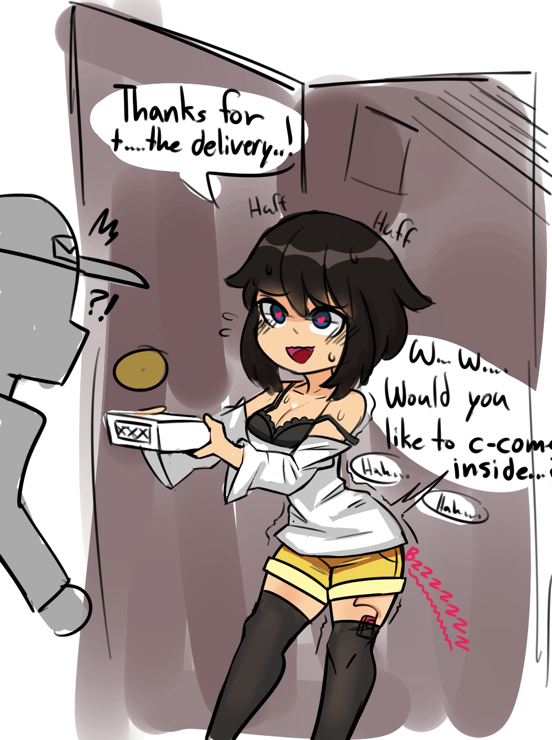 1girls, badguyvivi, egg vibrator, english text, female, female focus, heart-shaped pupils, imminent sex, invitation, sierra dazorelle, speech bubble, sweat, vibrator in thighhighs, vibrator under clothes