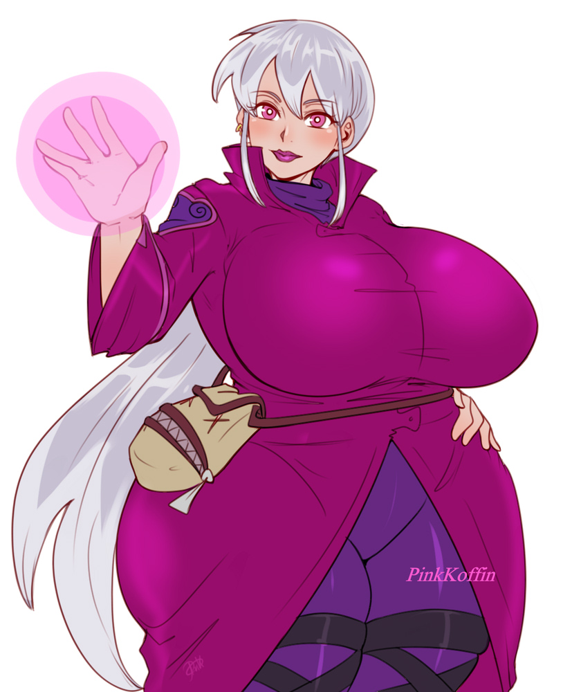 1girls, artist name, artist username, ben 10, ben 10 (classic), big breasts, breasts, cartoon network, charmcaster, charmcaster (classic), female, grey hair, huge breasts, huge thighs, large breasts, looking at viewer, pink eyes, pinkkoffin, solo, thick thighs, thunder thighs, white background, wide hips