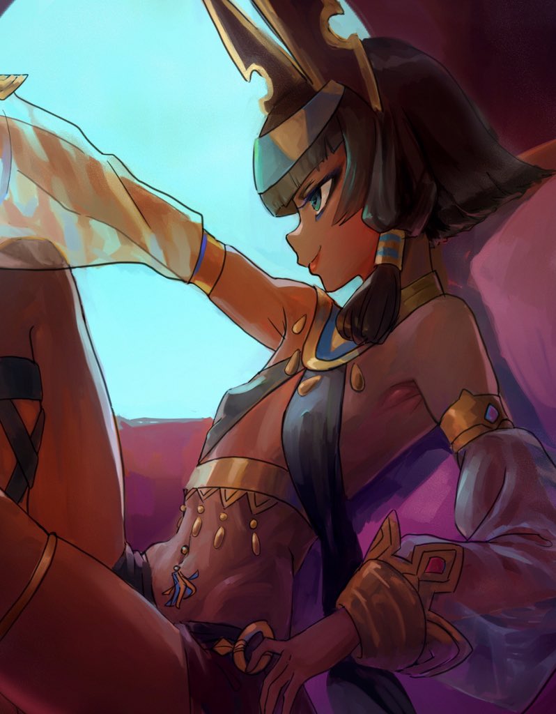 1girls arm_support blunt_bangs blush bob_cut cygames dark_skin detached_sleeves dragalia_lost egyptian egyptian_clothes egyptian_headdress erect_nipples gold jewelry navel_piercing nefaria nintendo petite raised_arm sheer_clothing small_breasts smile xufuge_(artist)