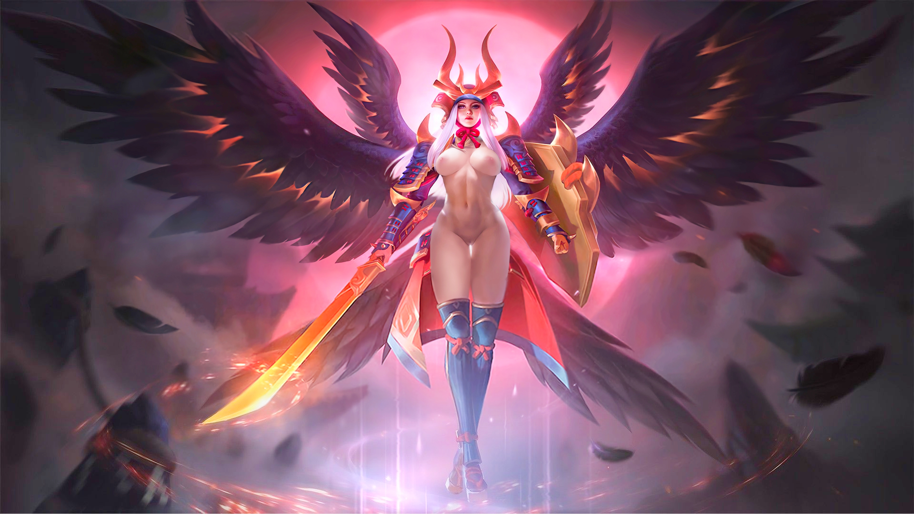 1girls, areolae, breasts, detailed, female, female only, freya (mobile legends), holding weapon, looking at viewer, mobile legends, nipples, nude, nude female, pussy, schmunch, shield, solo, solo female, sword, tagme, wings