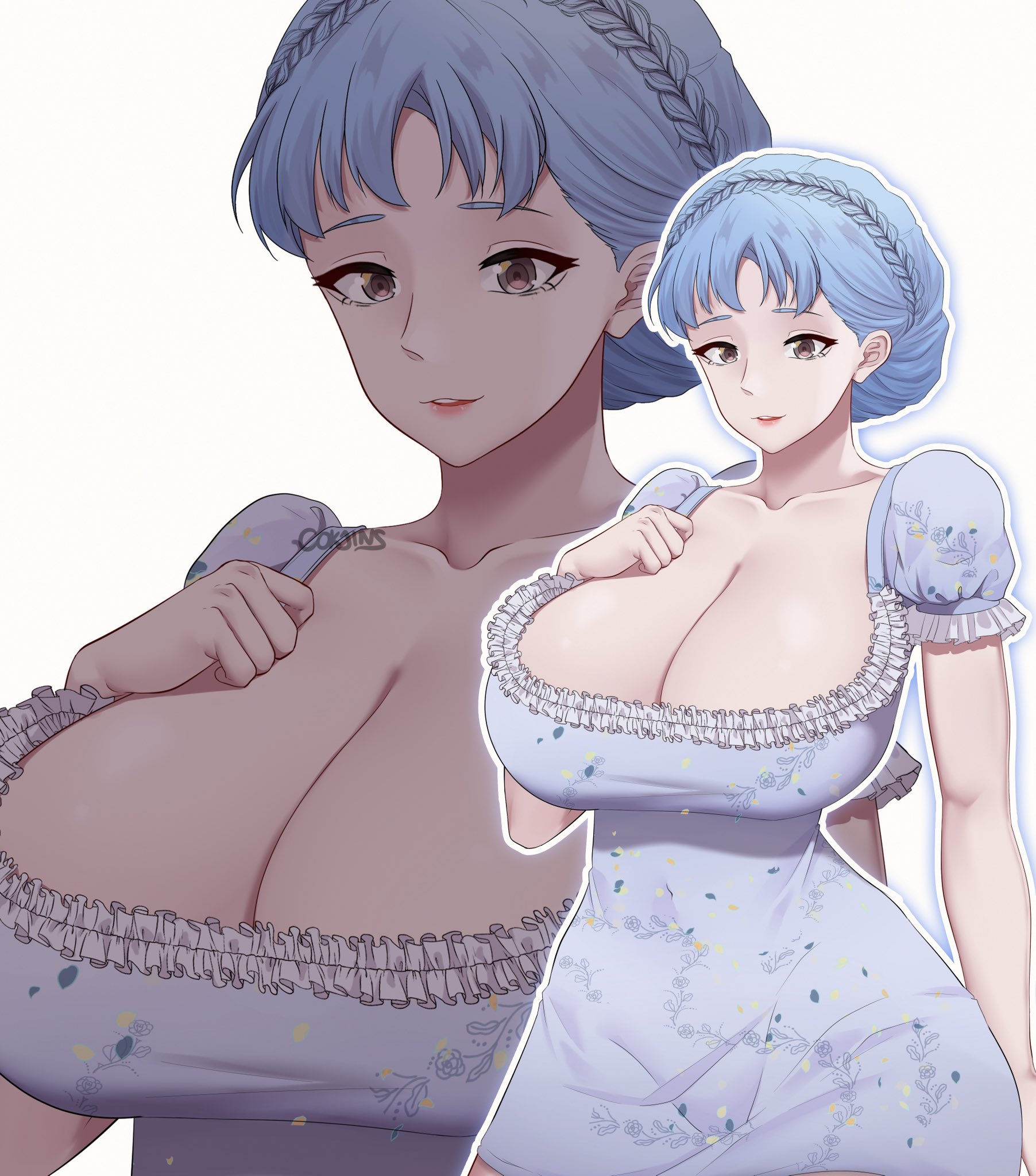 1girls, alternate costume, big breasts, blue hair, braid, breasts, brown eyes, cleavage, cokjins, commission, dress, female, female only, fire emblem, fire emblem: three houses, fully clothed, hand on breast, hourglass figure, large breasts, light blue hair, marianne von edmund, nintendo, smile, solo, wide hips