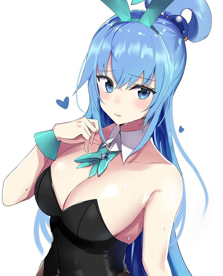 1girls, aqua (konosuba), artist request, bunny ears, bunnysuit, female, kono subarashii sekai ni shukufuku wo!, solo, sweat, tagme