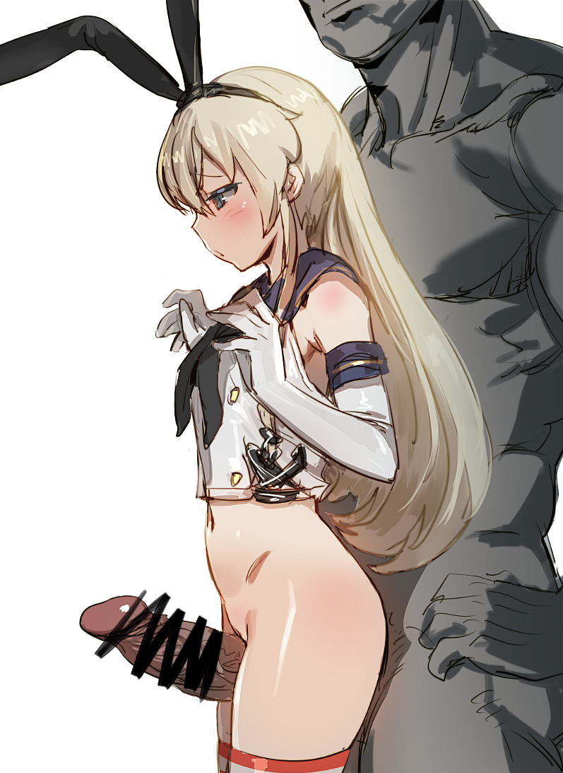1boy, 1girls, bare shoulders, black hairband, blonde hair, blush, bottomless, bow (bhp), censored, elbow gloves, erection, female, from side, gloves, grey eyes, hairband, kantai collection, long hair, male, measuring penetration depth, navel, penis, penis awe, shimakaze (kantai collection), shirt, simple background, sleeveless, sleeveless shirt, solo focus, straight, thigh sex, white background, white gloves, white shirt