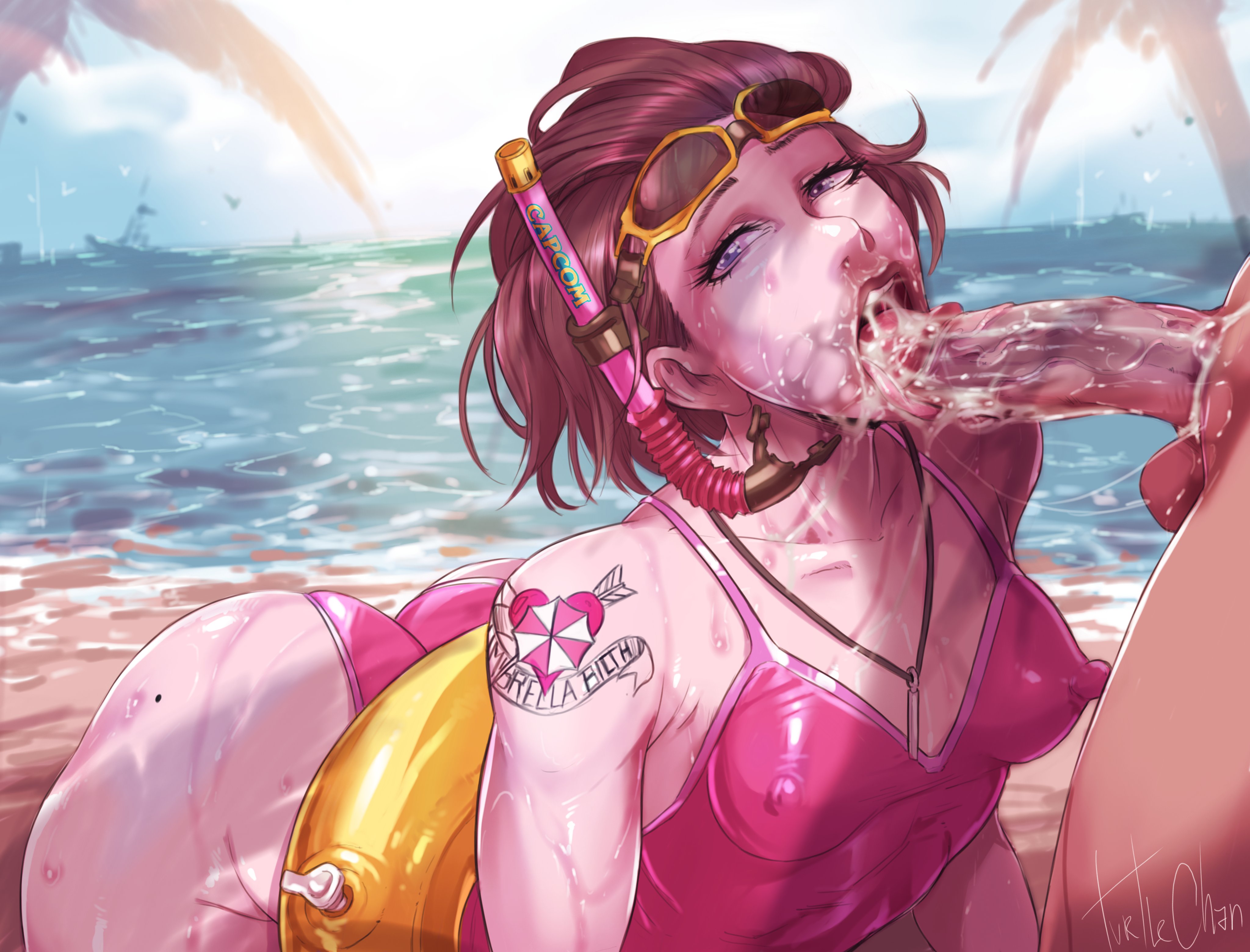 1boy, 1girls, after deepthroat, after oral, after sex, all fours, ass, asymmetrical hair, balls, beach, big penis, biohazard, blue eyes, bob cut, brown hair, capcom, clothed female nude male, cock hungry, cum, cum in mouth, cum on face, cum on penis, cum on tongue, cum trail, cumdrip, deepthroat mark, drool on face, erect nipples, erect nipples under clothes, fellatio, female, goggles, hands-free, highres, hungry mouth, implied deepthroat, jill valentine, jill valentine (sasha zotova), licking penis, light skin, light-skinned female, light-skinned male, long penis, looking at viewer, male, medium hair, necklace, nipples, open mouth, oral, outdoors, pale skin, pale-skinned female, pale-skinned male, penis, petite, police, resident evil, resident evil 3, resident evil 3 remake, saliva, saliva drip, saliva on penis, saliva string, saliva trail, seductive eyes, seductive mouth, sex, short hair, slim, sloppy, sloppy blowjob, sloppy deepthroat, sunglasses on head, sweat, swimsuit, tattoo, testicles, throat, tongue, tongue out, turtlechan, veiny penis, water