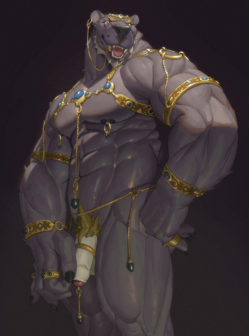 1boy 2020 abs accessory anthro balls ballsack beard biceps black_body black_fur blonde_hair body_fur bracelet cock_ring ear_piercing facial_hair feline finger_ring flaccid_penis foreskin gem genitals hi_res humanoid_genitalia humanoid_penis intact jewelry male male_nipples male_only male_pubic_hair mammal muscles muscular_anthro muscular_male nessfwkain nipple_piercing nipple_rings nude_male open_mouth pantherine partially_retracted_foreskin pecs pendant penis penis_accessory penis_jewelry penis_piercing piercing prince_albert_piercing red_eyes scrotum simple_background smile smooth_penis solo testicles tongue uncut video_games white_penis