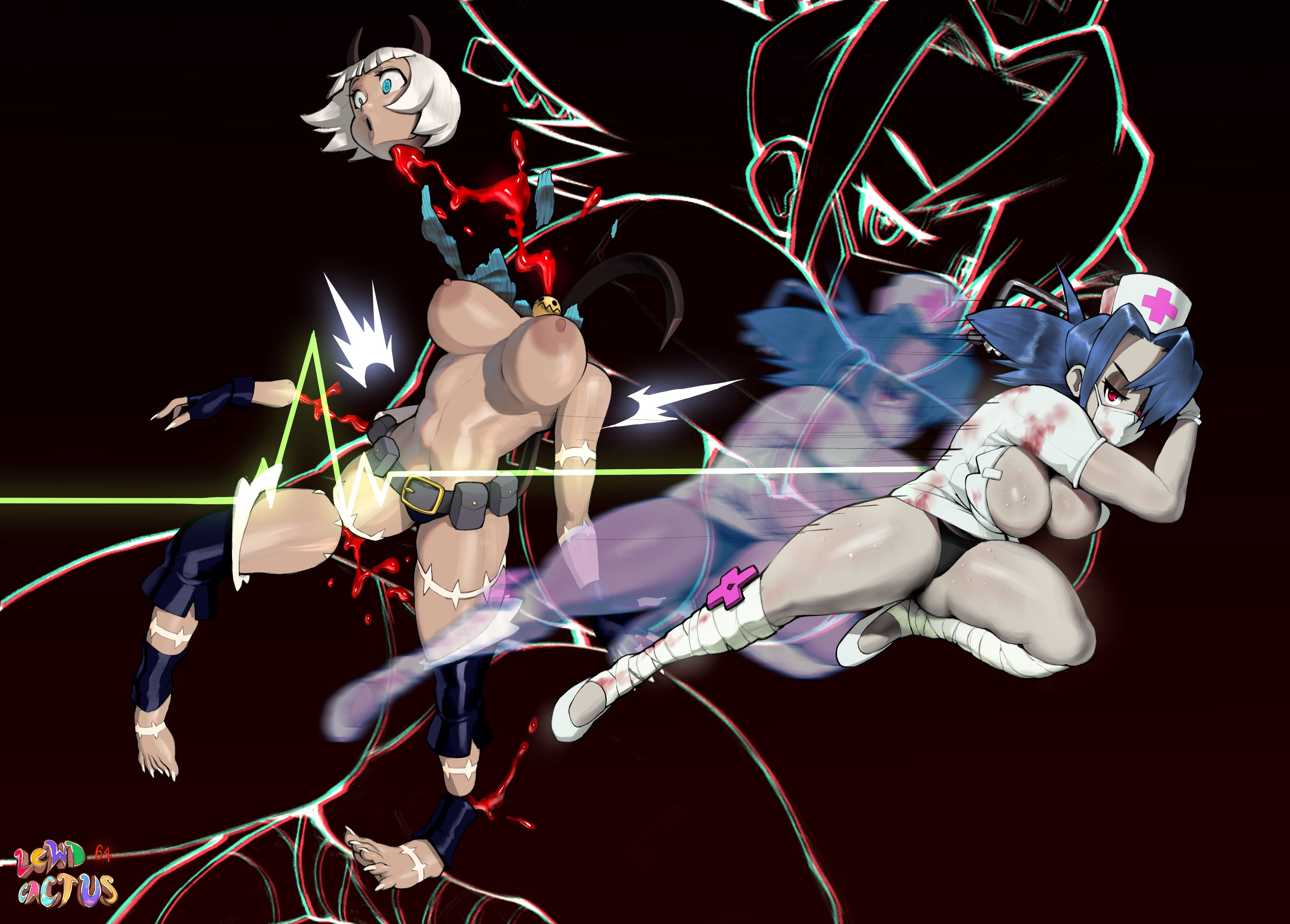 2girls, absurdres, areolae, big breasts, blood, breasts, dismemberment, feet, female, female only, gore, guro, highres, large breasts, lewdcactus, looking at viewer, multiple females, multiple girls, nadia fortune, namespace, nipples, skullgirls, thick thighs, valentine (skullgirls)
