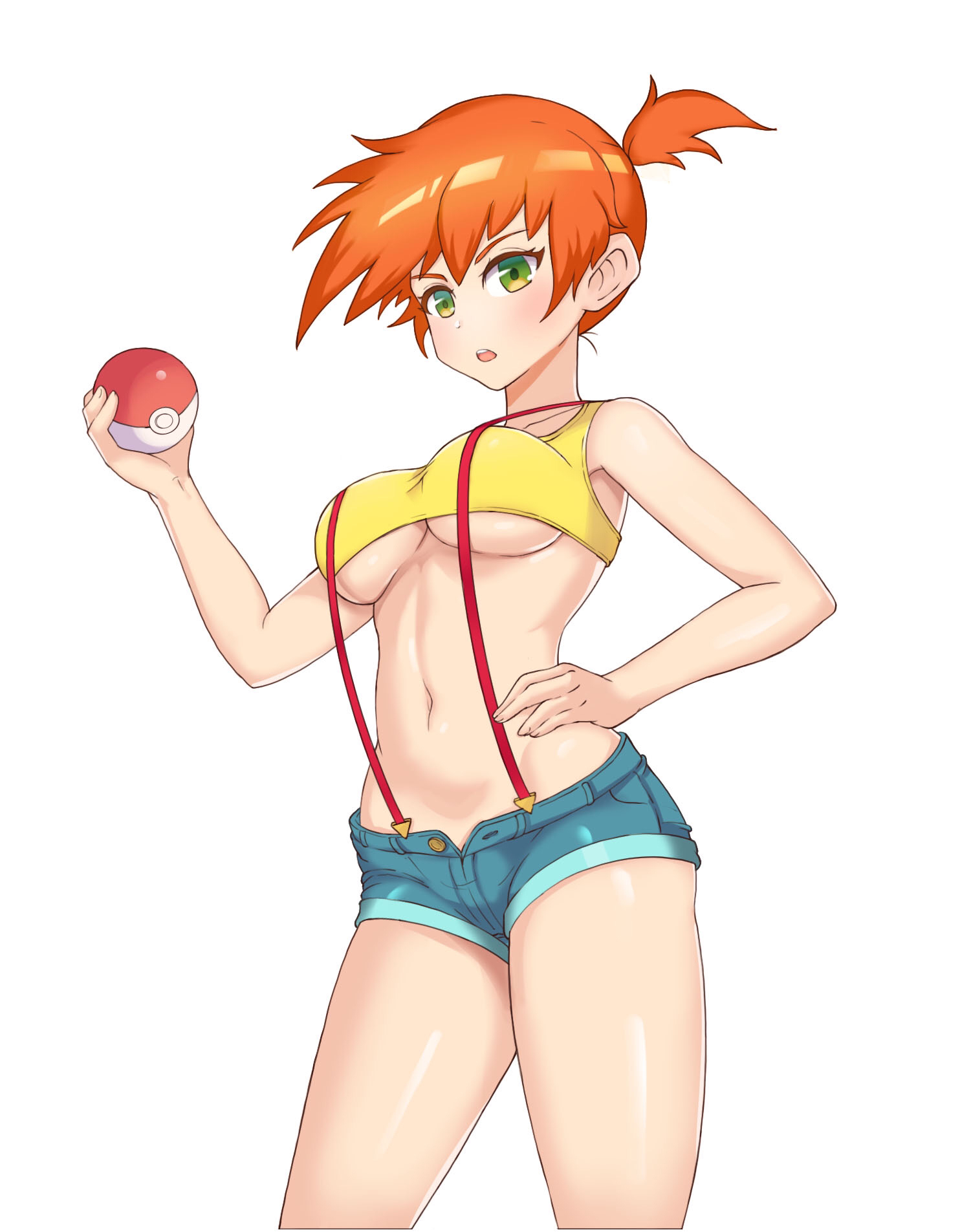 1girls, breasts, female, green eyes, holding object, holding poke ball, kasumi (pokemon), light skin, light-skinned female, minishorts, nintendo, orange hair, pale skin, pale-skinned female, pokemon, pokemon rgby, short hair, shorts, solo, sunmuraix, thick thighs, thighs, white background