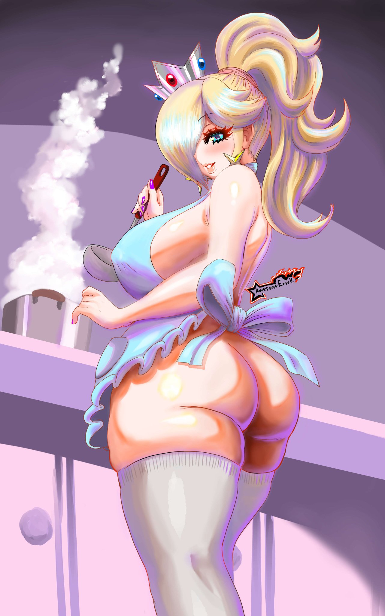 1girls, apron, ass, awesomeerix, big ass, big breasts, bimbo, blonde hair, blue eyes, breasts, cooking, curvy figure, earrings, female, hair over one eye, huge breasts, huge thighs, large breasts, legwear, light skin, light-skinned female, looking at viewer, mario (series), naked apron, nintendo, pale skin, pale-skinned female, ponytail, princess rosalina, sideboob, solo, standing, super mario galaxy, thick ass, thick thighs, tied hair, white legwear, wide hips