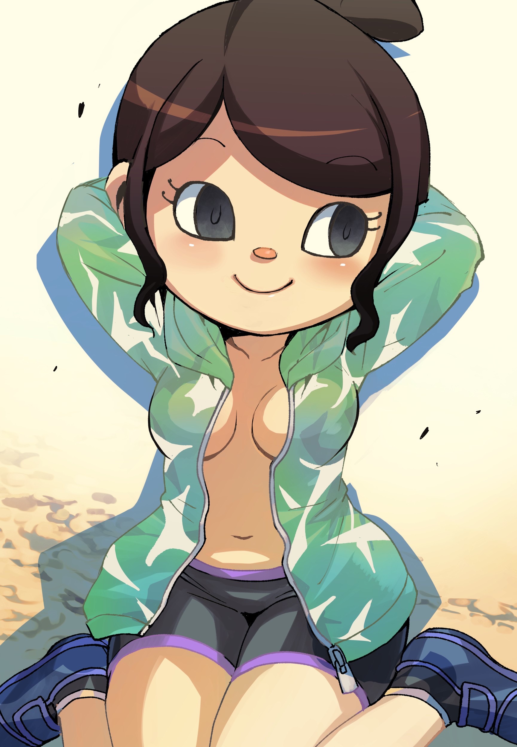 animal crossing, animal crossing girl, animal crossing new horizons, beach, black eyes, breasts, brown hair, covered breasts, female, female only, jpeg, mob face, muramasa mikado, murana (muramasa mikado), nintendo, only player, posing, smile, solo, swimsuit, villager (animal crossing), zipper