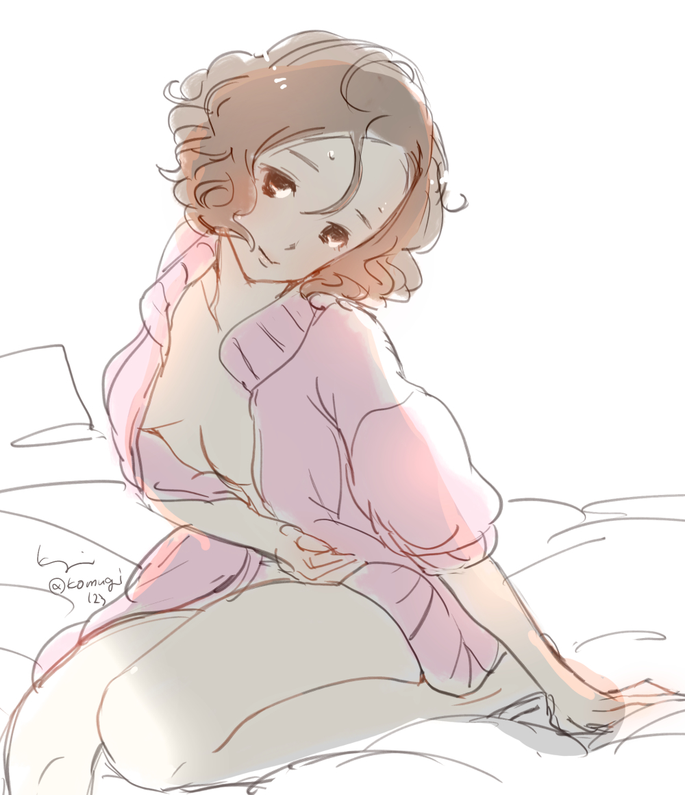 1girls, breasts, cleavage, female, female only, haru okumura, light brown hair, looking at viewer, messy hair, no bra, on bed, persona, persona 5, practically nude, sweatdrop, sweater
