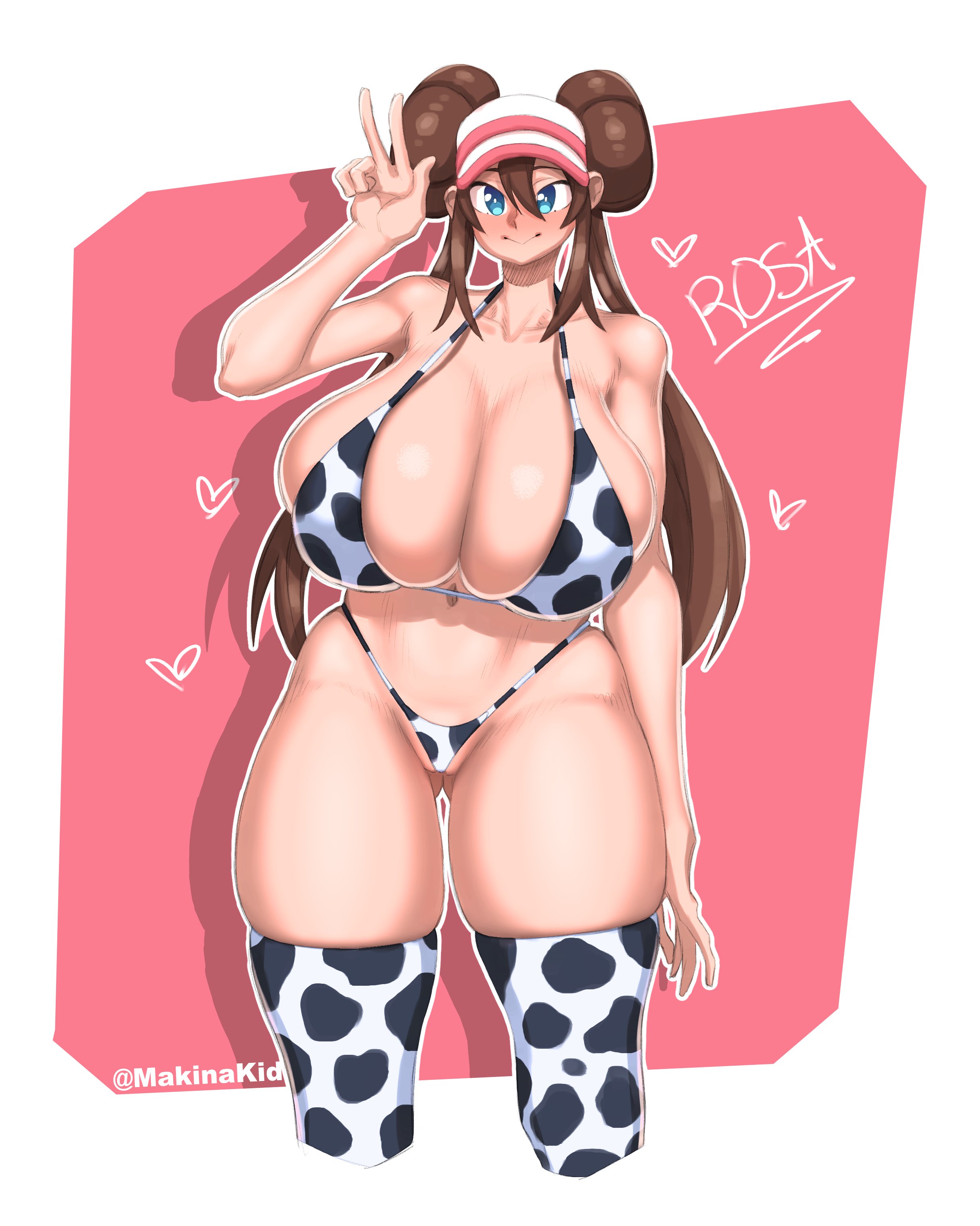 1girls, big breasts, bikini, blue eyes, blush, breasts, brown hair, cleavage, collarbone, cow print, double bun, female, female only, heart, huge breasts, large breasts, long hair, makinakid, nintendo, peace sign, pokemon, pokemon bw2, rosa (pokemon), sideboob, smile, solo, solo female, standing, thick thighs, thigh gap, thighhighs, thong, twintails, v, v sign, visor cap, wide hips