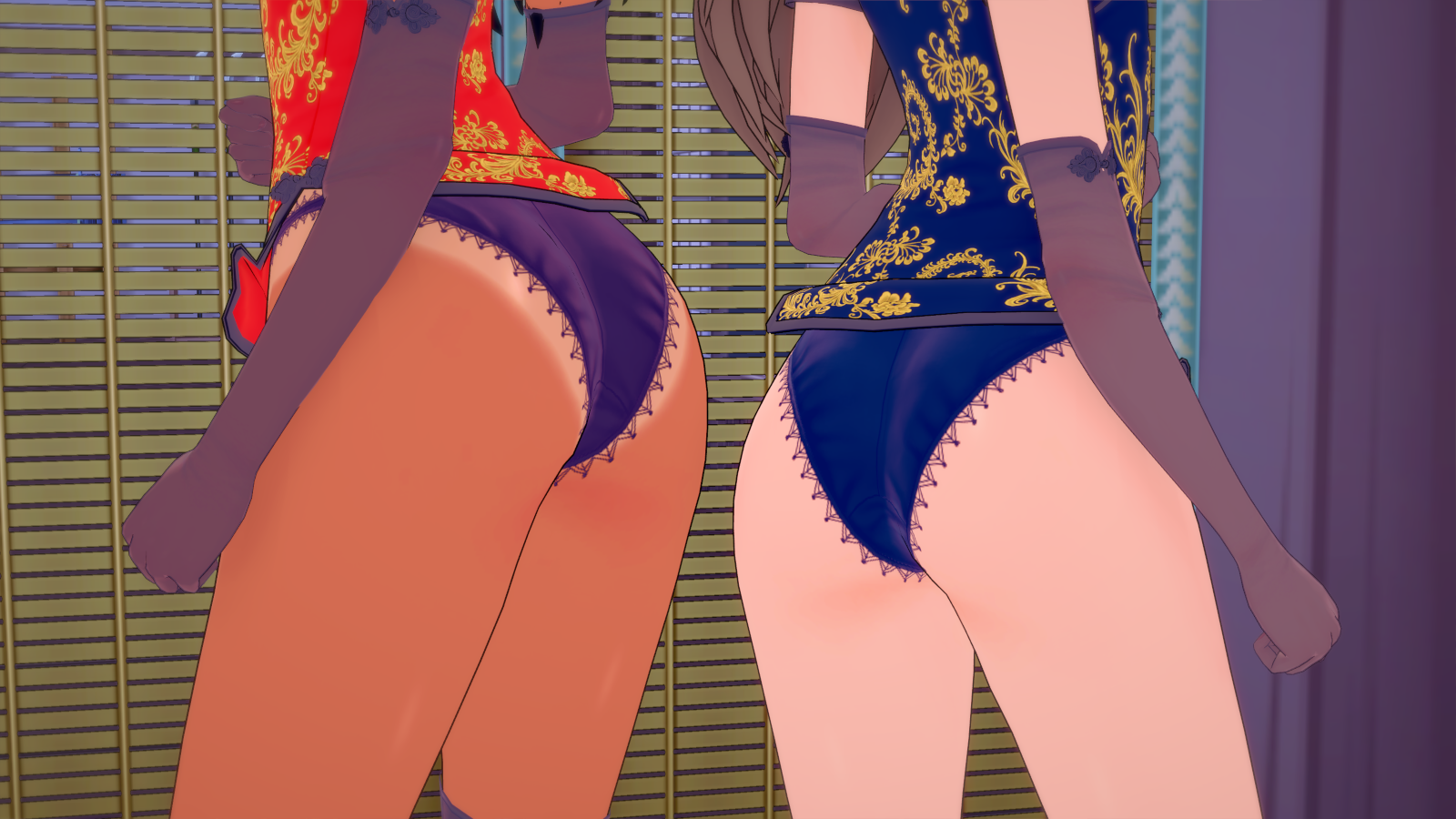 2girls, 3d, ass, back view, big ass, chinese clothes, chinese dress, clothing, darkshark (artist), dress, duo, elbow gloves, female, female only, gloves, hayase nagatoro, hourglass figure, karakai jouzu no takagi-san, koikatsu, panties, please don't bully me, nagatoro, purple panties, takagi-san, thick thighs