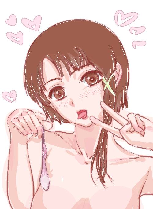 1girls blush brown_eyes brown_hair condom cum cum_in_condom ear_blush female holding_condom human human_only keijukan lain_iwakura looking_at_viewer nude nude_female peace_sign pose posing serial_experiments_lain short_hair solo standing tongue tongue_out used_condom