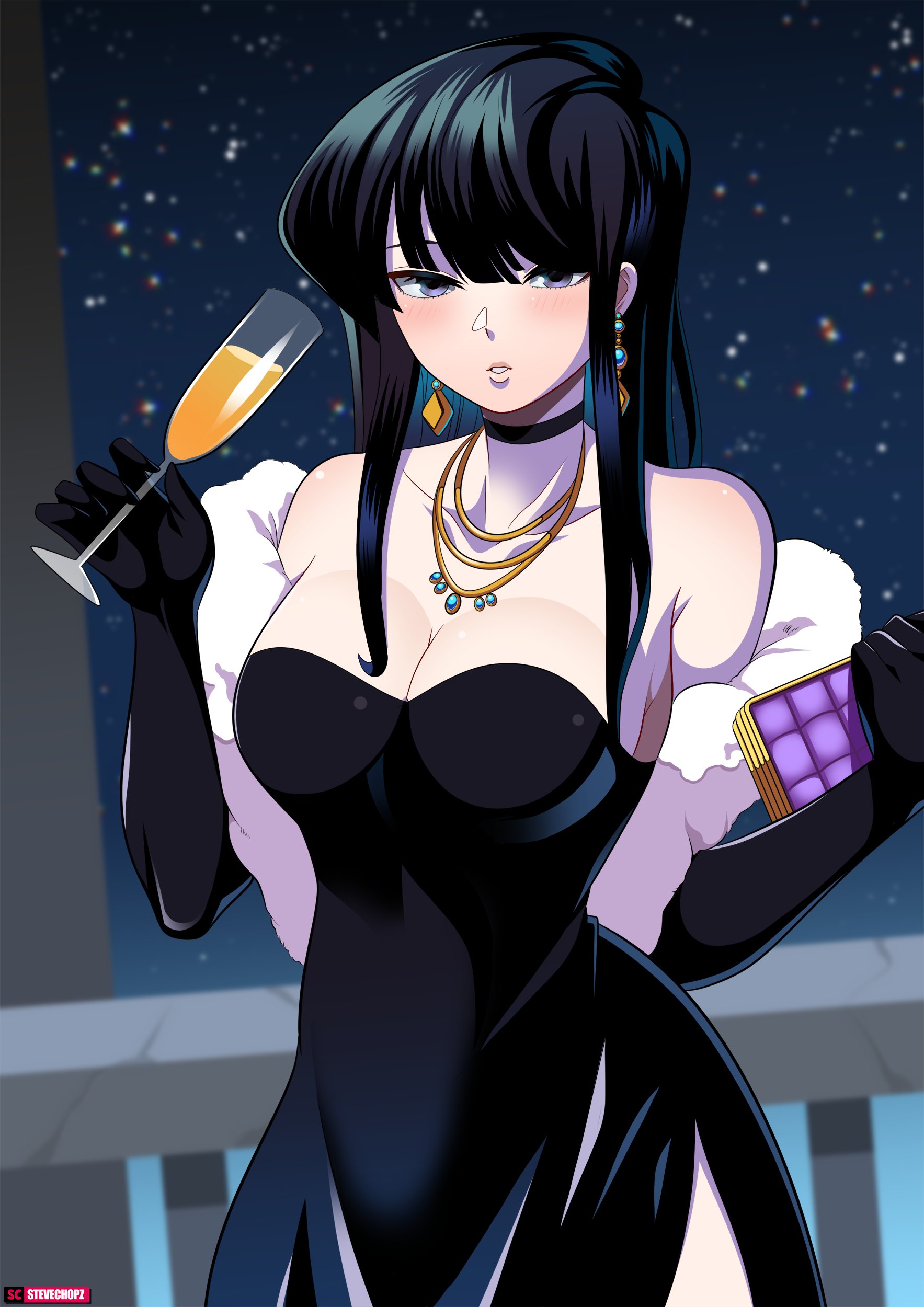 1girls, 2020, absurd res, artist name, balcony, black dress, black eyes, black gloves, black hair, blush, breasts, choker, cleavage, dress, earrings, elbow gloves, evening gown, female, female only, fur trim, glass, gloves, highres, holding glass, holding object, jewelry, komi shouko, komi-san wa komyushou desu, long hair, looking at viewer, matching hair/eyes, medium breasts, necklace, outdoors, sky, solo, standing, star, starry sky, stevechopz, teeth, upper body, watermark