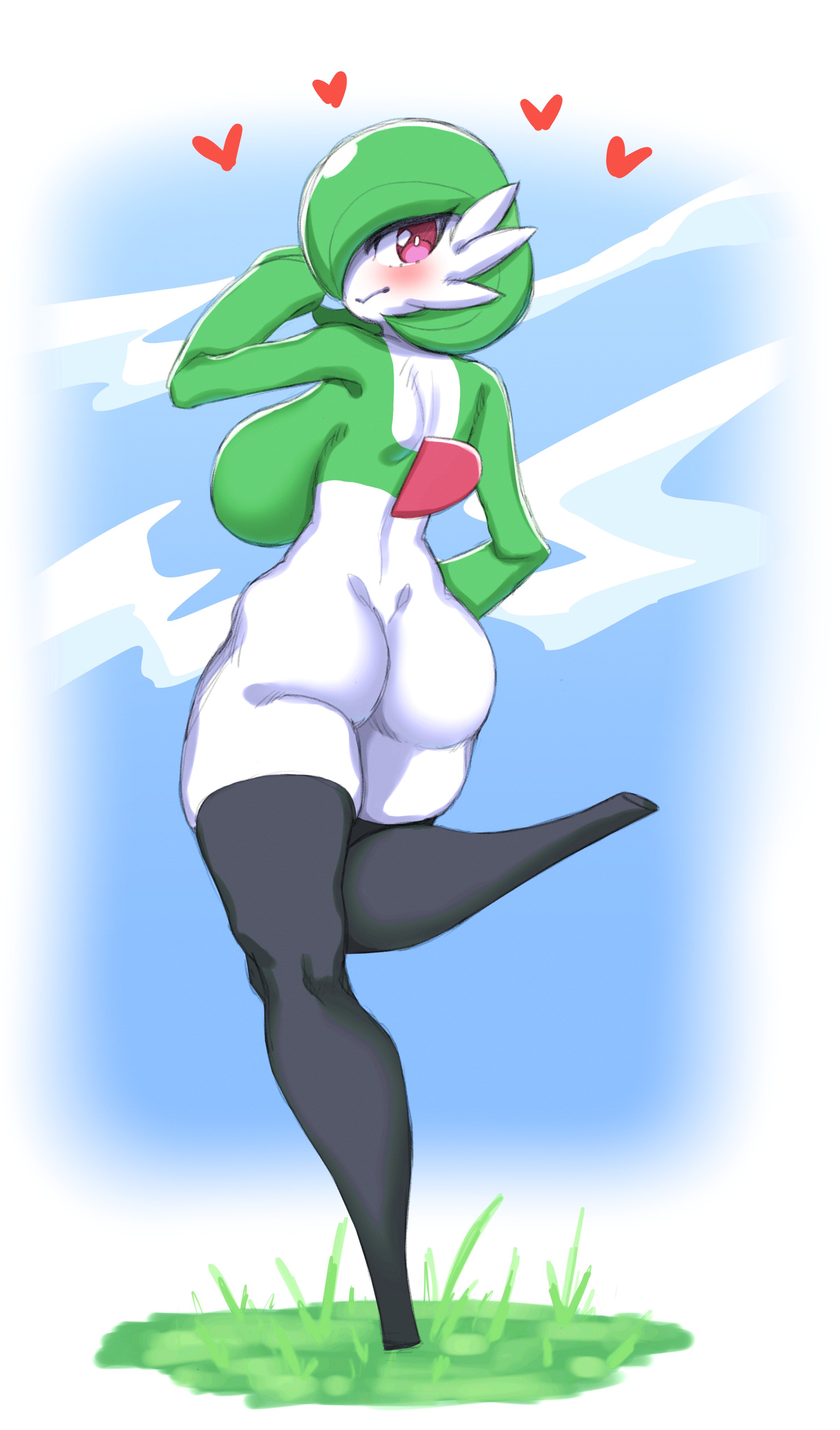1girls, anthro, anthrofied, ass, big ass, big breasts, black thighhighs, breasts, female, gardevoir, green skin, hearts, large breasts, looking back, makinakid, nintendo, pink eyes, pokemon, pokemon (species), pokemon rse, thick ass, thick thighs, thighhighs, thighs, white skin
