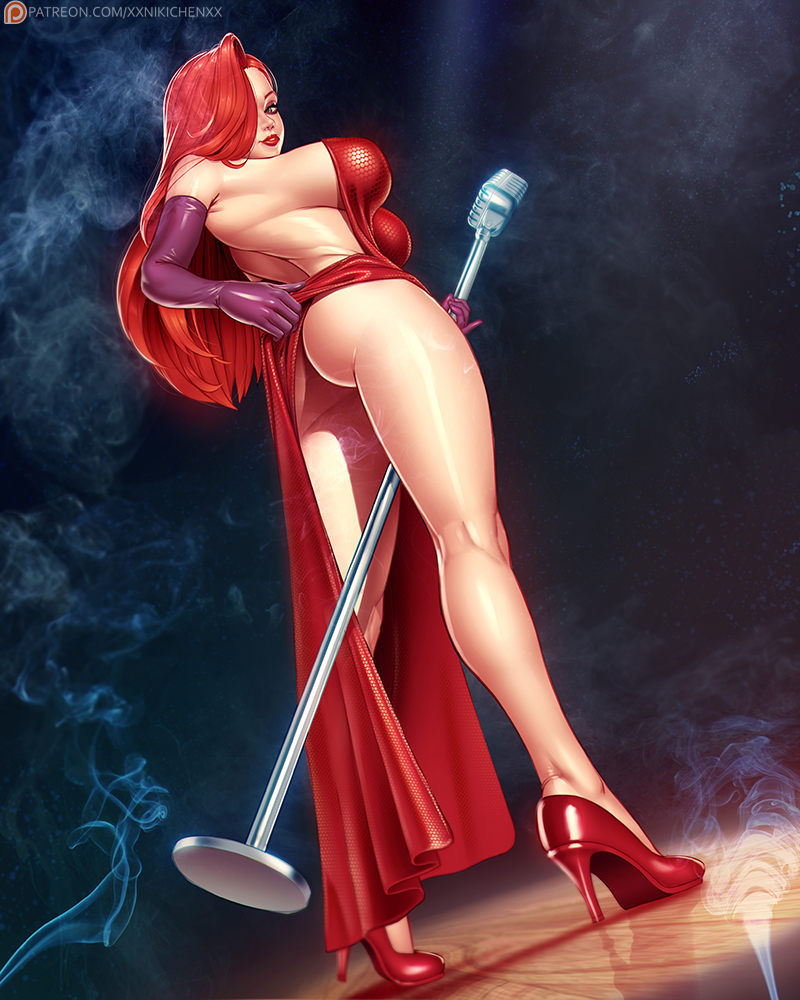 1girls, ass, big breasts, breasts, cleavage, disney, dress, female, female only, full body, high heels, jessica rabbit, large breasts, lips, looking at viewer, microphone, no bra, no panties, solo, standing, thick thighs, who framed roger rabbit, wide hips, xxnikichenxx
