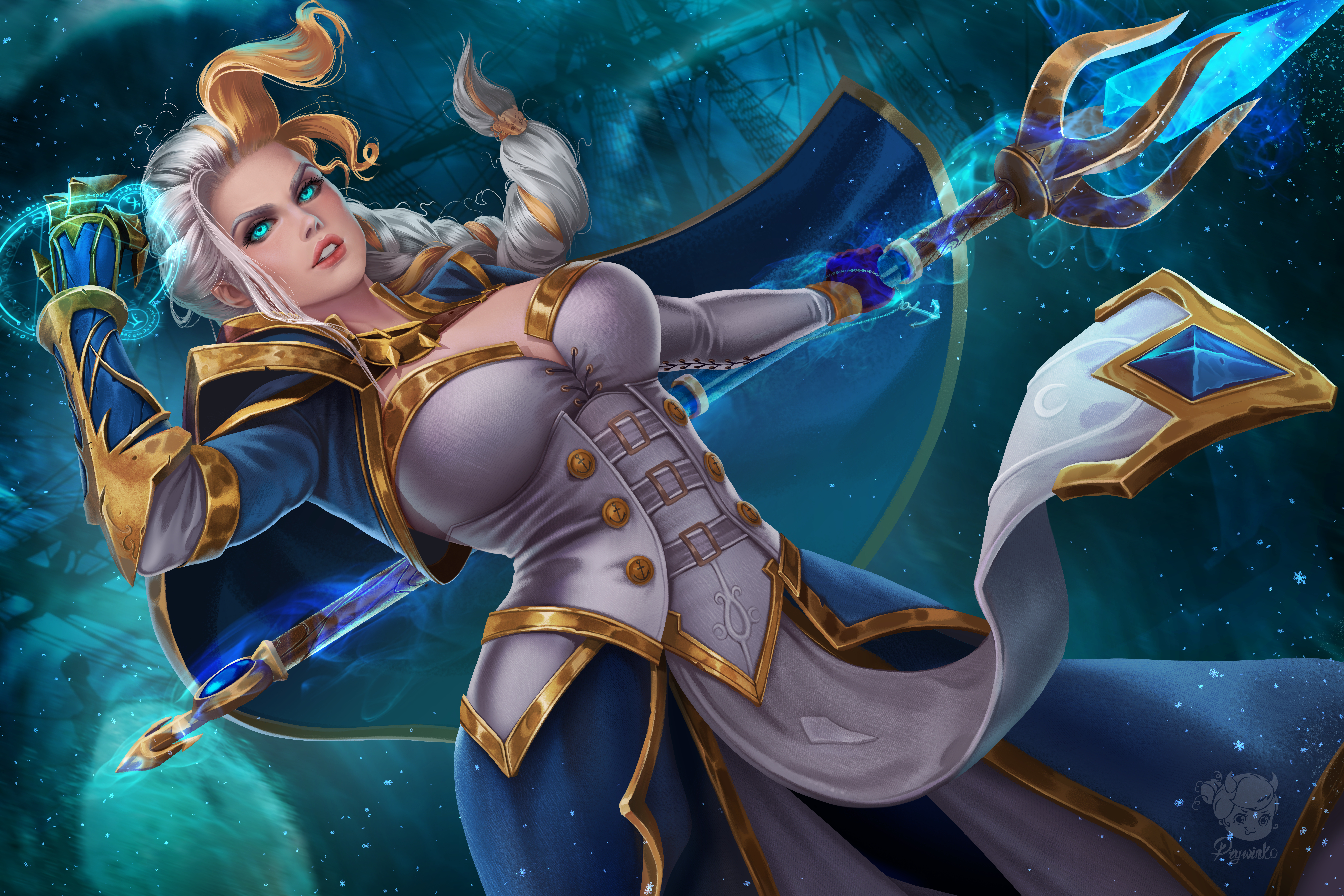 1girls, big breasts, blizzard entertainment, blue eyes, breasts, cleavage, cloak, clothed, clothing, dress, female, glowing eyes, jaina proudmoore, large breasts, magic, prywinko, silver hair, staff, world of warcraft