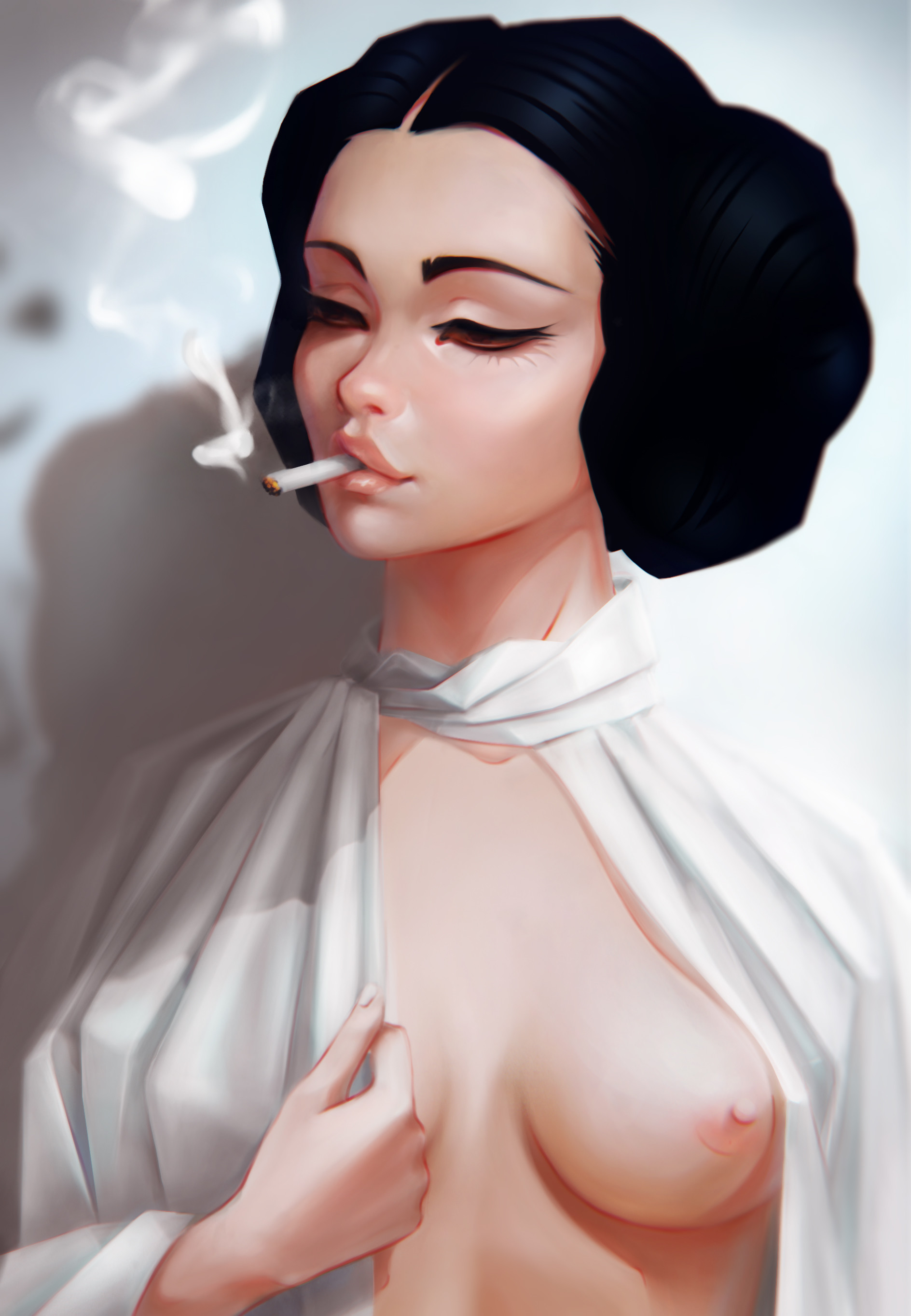 a new hope, artist request, big breasts, black hair, breasts, cigarette, clothing, female, flashing, hair bun, no bra, princess leia organa, smoking, star wars, tagme, tagme (artist), white dress