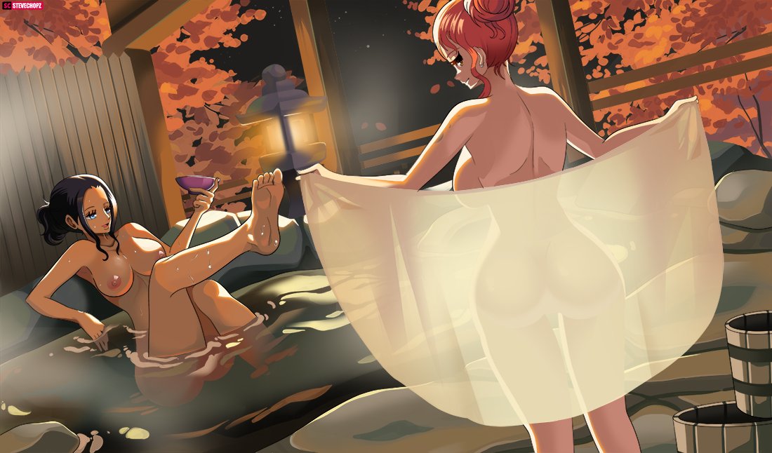 2019 2girls areolae armpits artist_name ass back backboob bathhouse big_ass black_hair blue_eyes breasts brown_hair bucket covering cup feet female female_only full_body hair_bun highres holding_towel kunoichi large_breasts leaf looking_at_viewer looking_back multiple_girls nami nami_(one_piece) nico_robin night nipples nude one_piece onsen open_mouth orange_hair outdoors partially_submerged plant ponytail post-timeskip raised_leg sake sake_cup seductive seductive_smile short_ponytail shounen_jump silhouette sitting sky smile soles standing stevechopz thick_thighs thighs tied_hair toes tongue towel tree water watermark