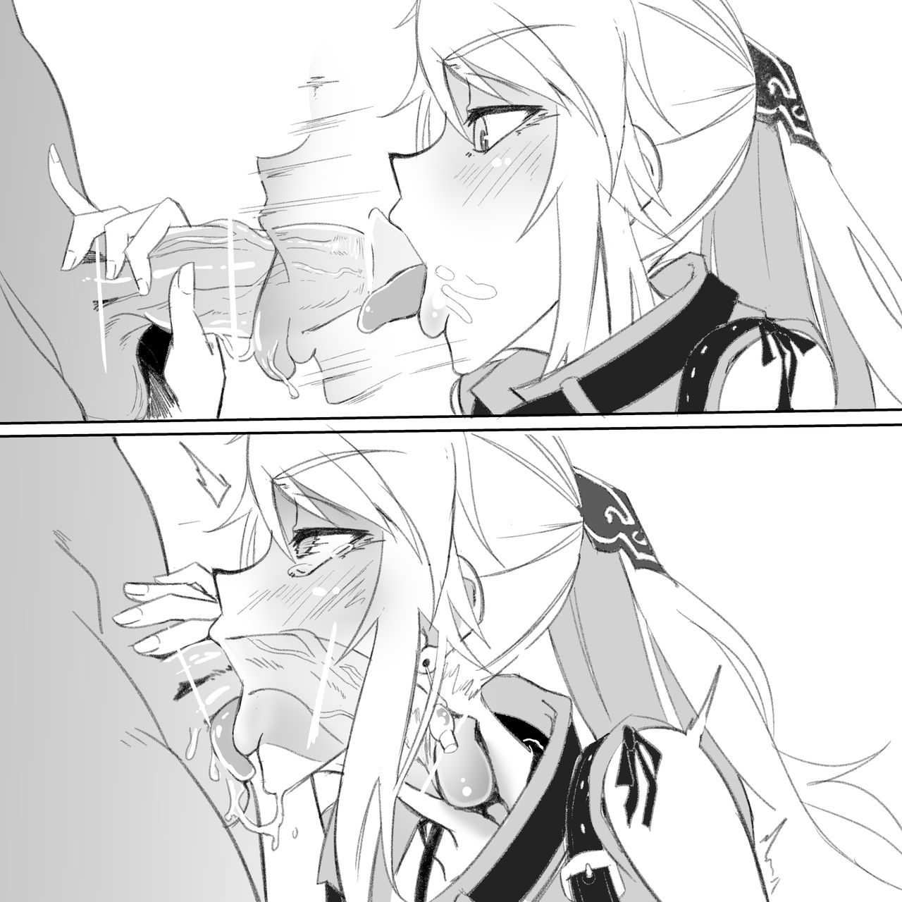 1boy, 1girls, balls, ballsurfing, cum in mouth, cum in throat, deepthroat, fellatio, female, final fantasy, final fantasy xiv, hyur, lyse hext, male, oral, ponytail, tight throat, tongue, tongue out, tongue out blowjob