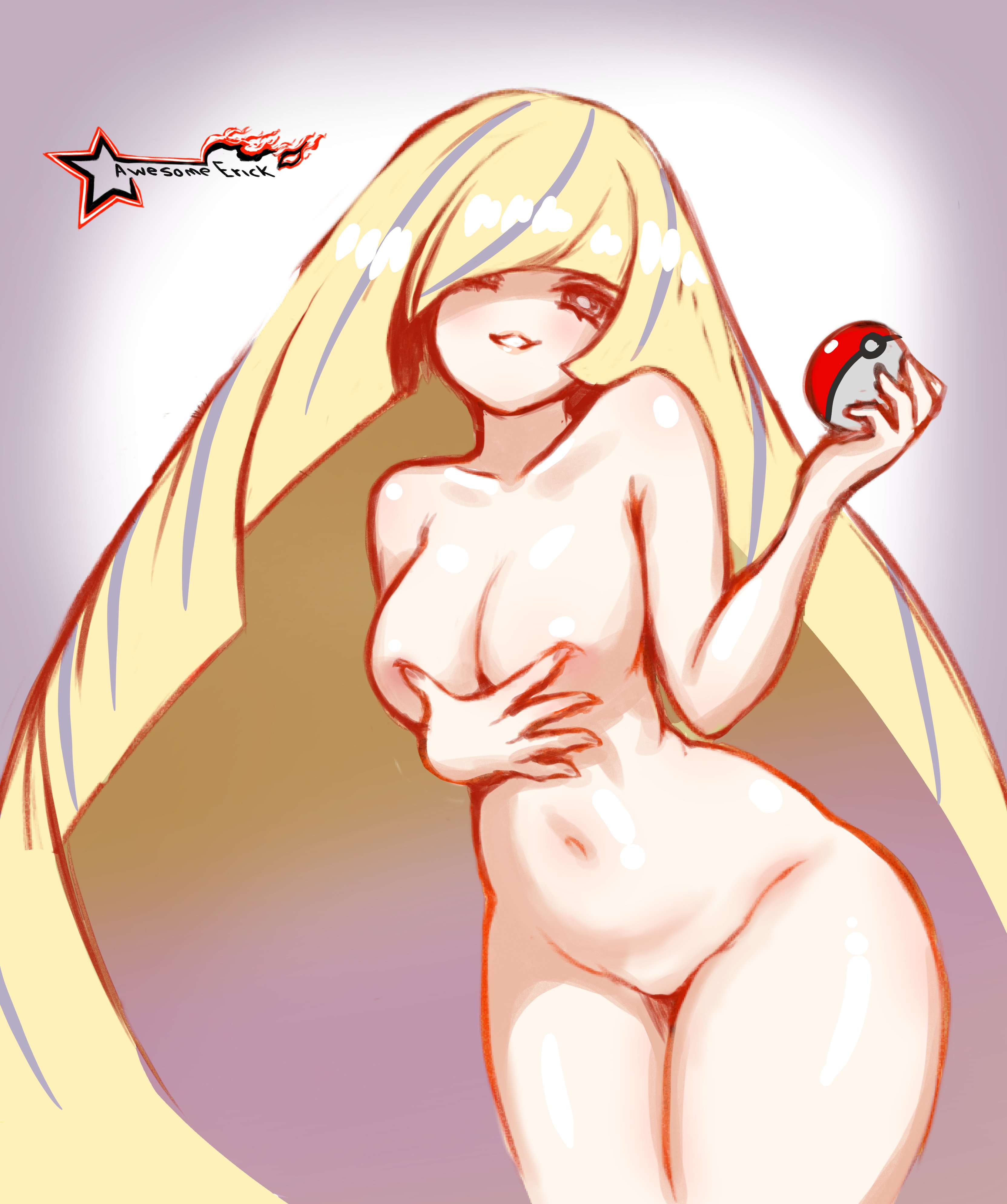 1girls, awesomeerix, blonde hair, breasts, female, holding poke ball, huge thighs, long hair, lusamine (pokemon), mature female, milf, mother, nintendo, nude, nude female, pokeball, pokemon, pokemon sm, solo, standing, thick thighs, thighs, very long hair, wide hips
