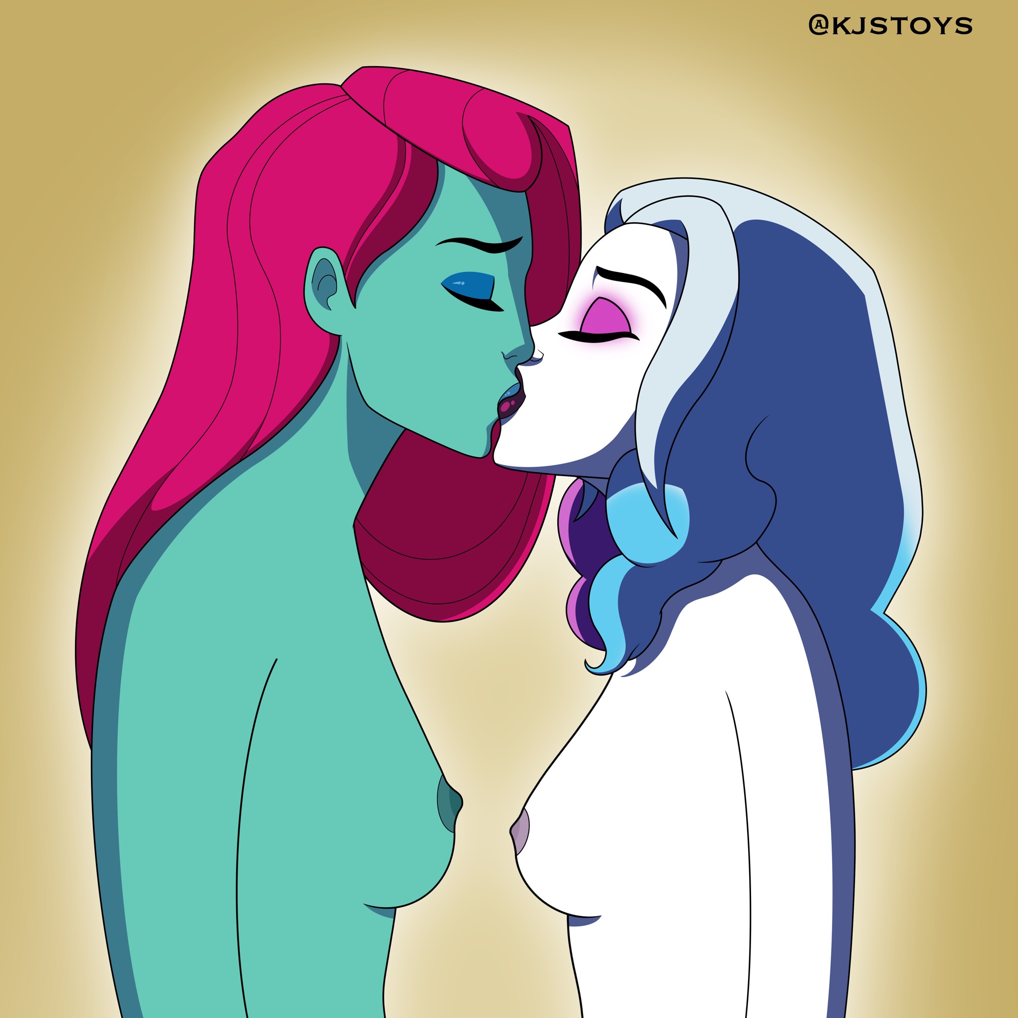 2d, 2girls, batman (series), dc, dc comics, female, female only, female/female, green skin, green-skinned female, harley quinn, harley quinn (series), kissing, kjstoys, lipstick, multiple females, multiple girls, nude, pamela isley, poison ivy, yuri