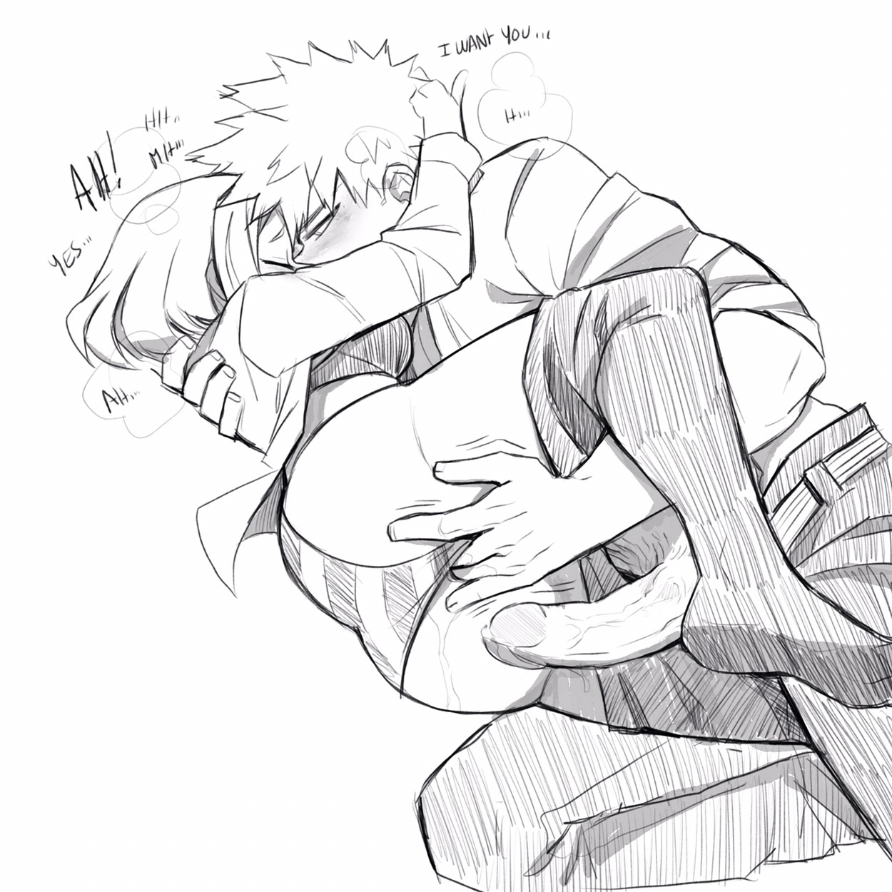 big penis, female, finger fuck, katsuki bakugou, kissing, male, my hero academia, ochako uraraka, penis