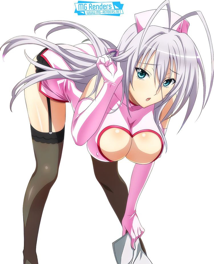 :o, bending forward, bending over, big breasts, blue eyes, breasts, female, female focus, female only, garter straps, high school dxd, nurse clothing, rossweisse, solo, tagme, thighhighs, voluptuous female, white background, white hair