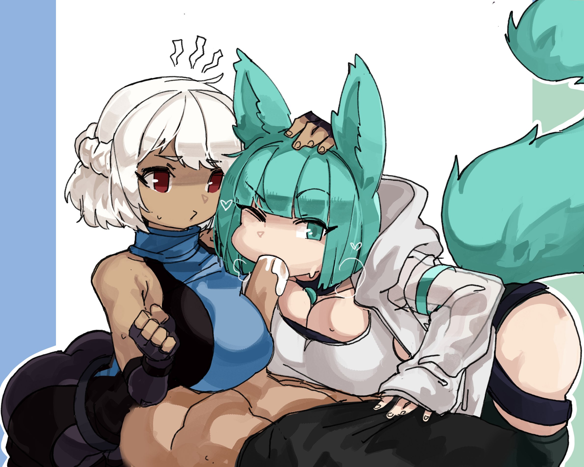 1boy, 2girls, ahoge, animal ears, anthro, assisted fellatio, bangs, big breasts, blowjob, blunt bangs, breast press, breasts, choker, clothed paizuri, clothing, cum, cum in mouth, cum on penis, fellatio, female, furry tail, light green eyes, light green hair, male, medium hair, one eye closed, original, paizuri over clothes, penis, red eyes, tail, tan skin, very high resolution, white hair, wide hips, wink, zanamaoria
