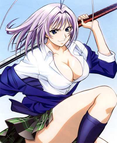 1girls antenna antenna_hair blue_eyes breasts busty cleavage dress_shirt female female_only footwear katana kneehighs large_breasts natsume_maya panties pantyshot plaid pleated_skirt purple_hair school_uniform serafuku shirt short_hair skirt socks solo sword tagme takada_haruhito tartan tenjou_tenge underwear weapon white_panties