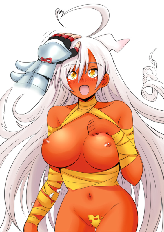 bare_shoulders blush breasts dark-skinned_female dark_skin eiyuu_senki enkidu_(eiyuu_senki) female heart jean-louis_(yuasa_rengou) large_breasts long_hair magic_hand navel nipples open_mouth protagonist_(eiyuu_senki) red_skin simple_background smile solo very_long_hair yellow_eyes