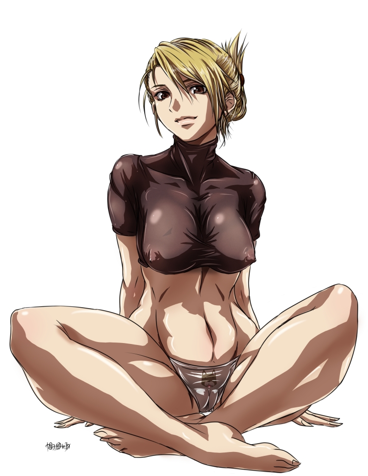 barefoot blonde_hair breasts brown_eyes cameltoe cleavage color erect_nipples feet female female_only front_view fullmetal_alchemist human impossible_clothes impossible_clothing impossible_shirt large_breasts madhatter_hello muscle panties print_panties pussy riza_hawkeye see-through shirt sitting solo toned underwear