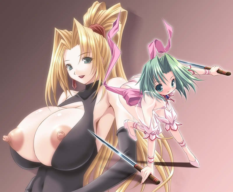 2girls ankle_cuffs armpits ass bare_shoulders battle_arena_toshinden blonde_hair blush bow breasts clothing dagger dominatrix earrings ellis ellis_(battle_arena_toshinden) erect_nipples female green_eyes green_hair jewelry large_breasts leotard lipstick long_hair multiple_girls necklace parted_bangs ponytail ribbon running see-through shiragi shoes short_hair smile sofia tied_hair weapon wrist_cuffs